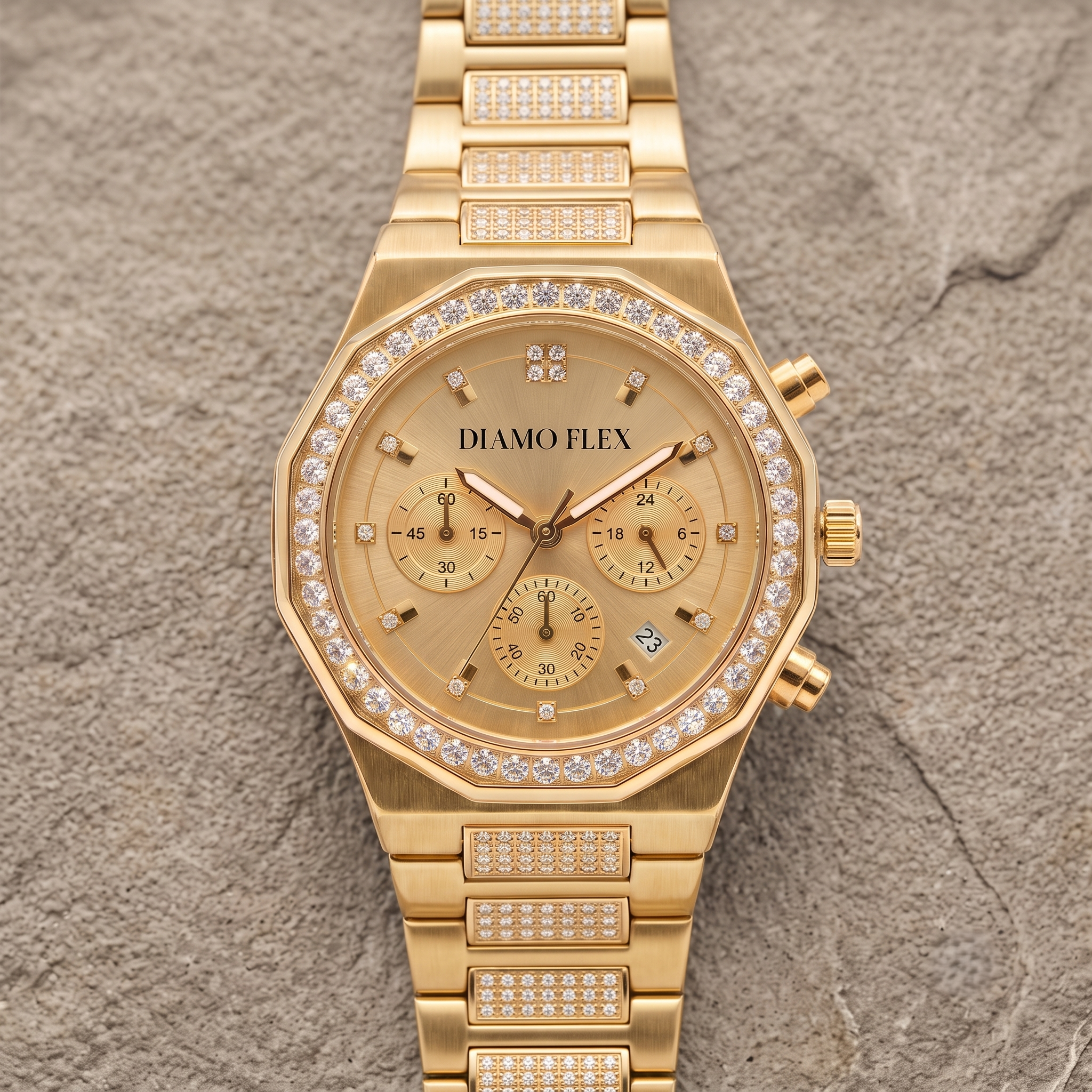 DIAMO FLEX Luxury Chronograph Watch | Gold & Silver Stainless Steel | Round Brilliant Cubic Zirconia Bezel
