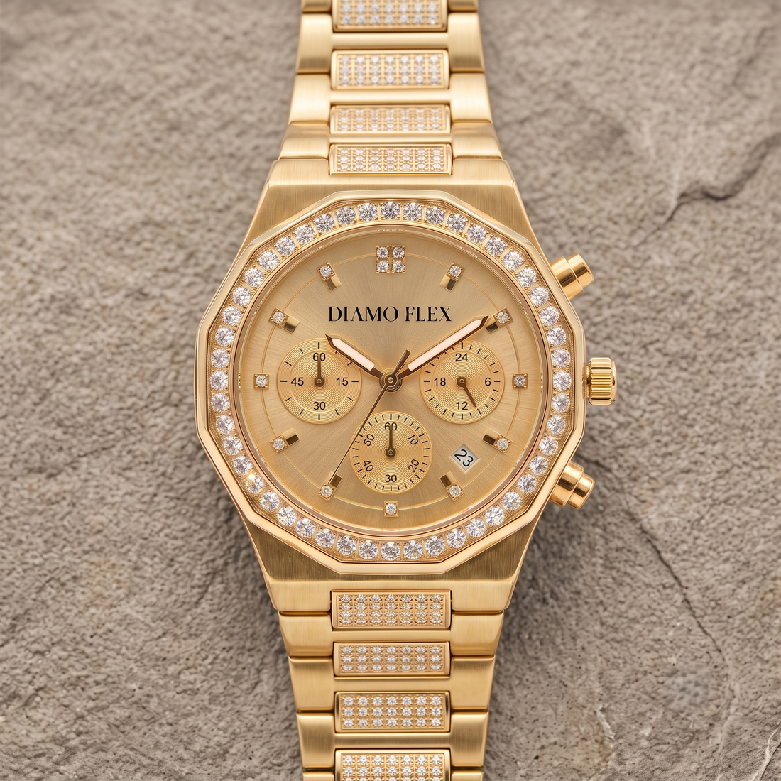 DIAMO FLEX Luxury Chronograph Watch | Gold & Silver Stainless Steel | Round Brilliant Cubic Zirconia Bezel