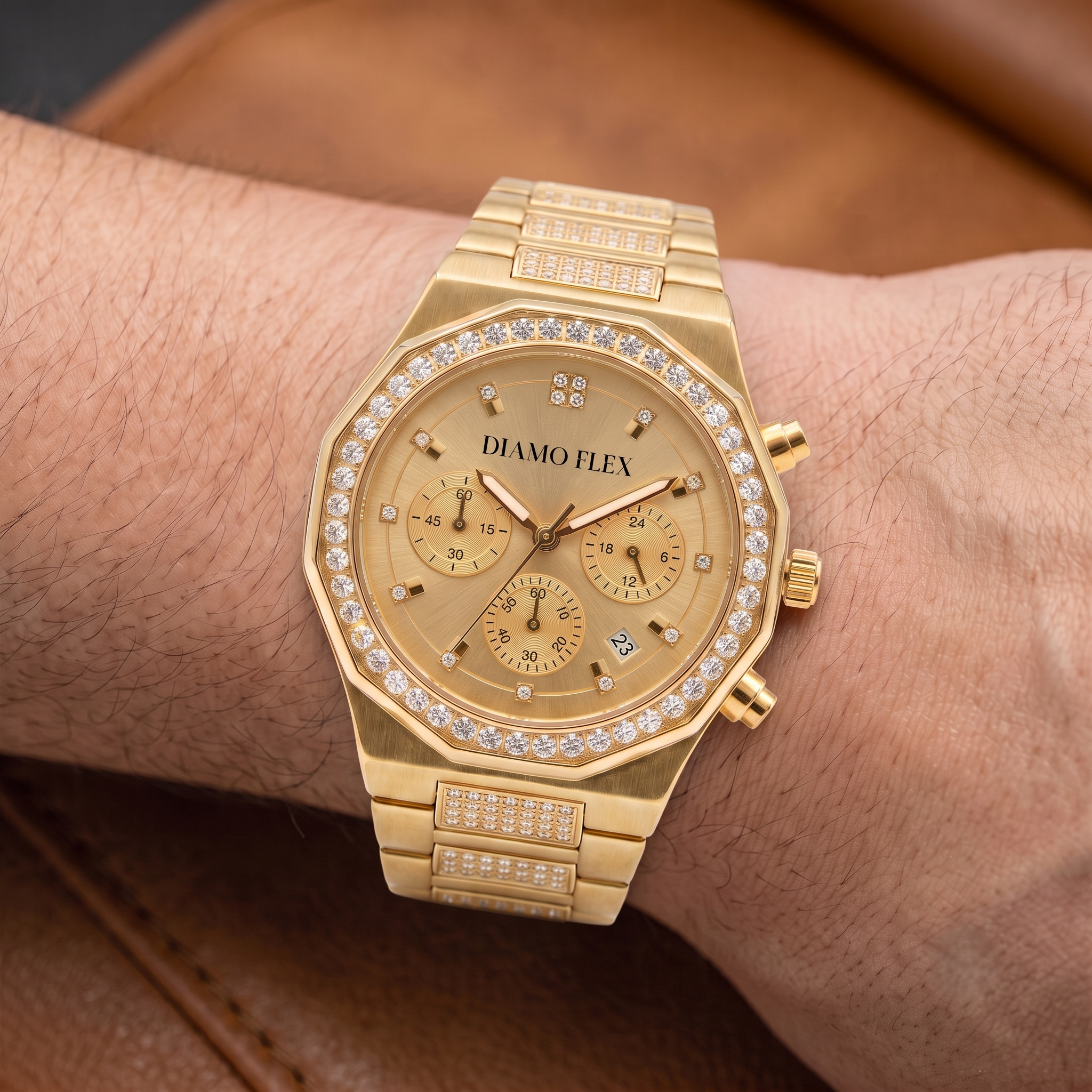 DIAMO FLEX Luxury Chronograph Watch | Gold & Silver Stainless Steel | Round Brilliant Cubic Zirconia Bezel
