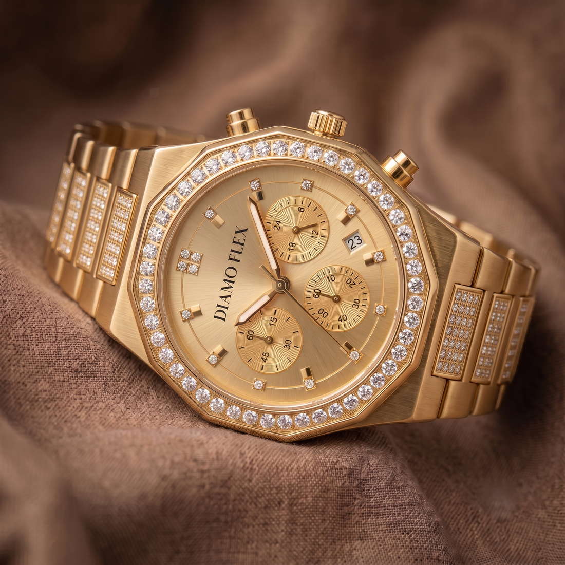 DIAMO FLEX Luxury Chronograph Watch | Gold & Silver Stainless Steel | Round Brilliant Cubic Zirconia Bezel