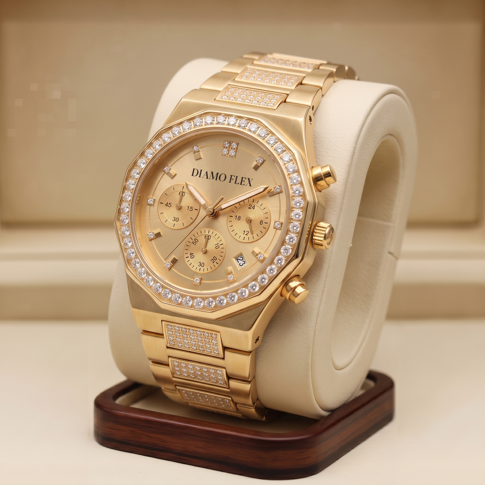 DIAMO FLEX Luxury Chronograph Watch | Gold & Silver Stainless Steel | Round Brilliant Cubic Zirconia Bezel