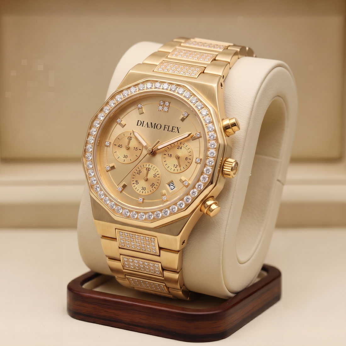 DIAMO FLEX Luxury Chronograph Watch | Gold & Silver Stainless Steel | Round Brilliant Cubic Zirconia Bezel