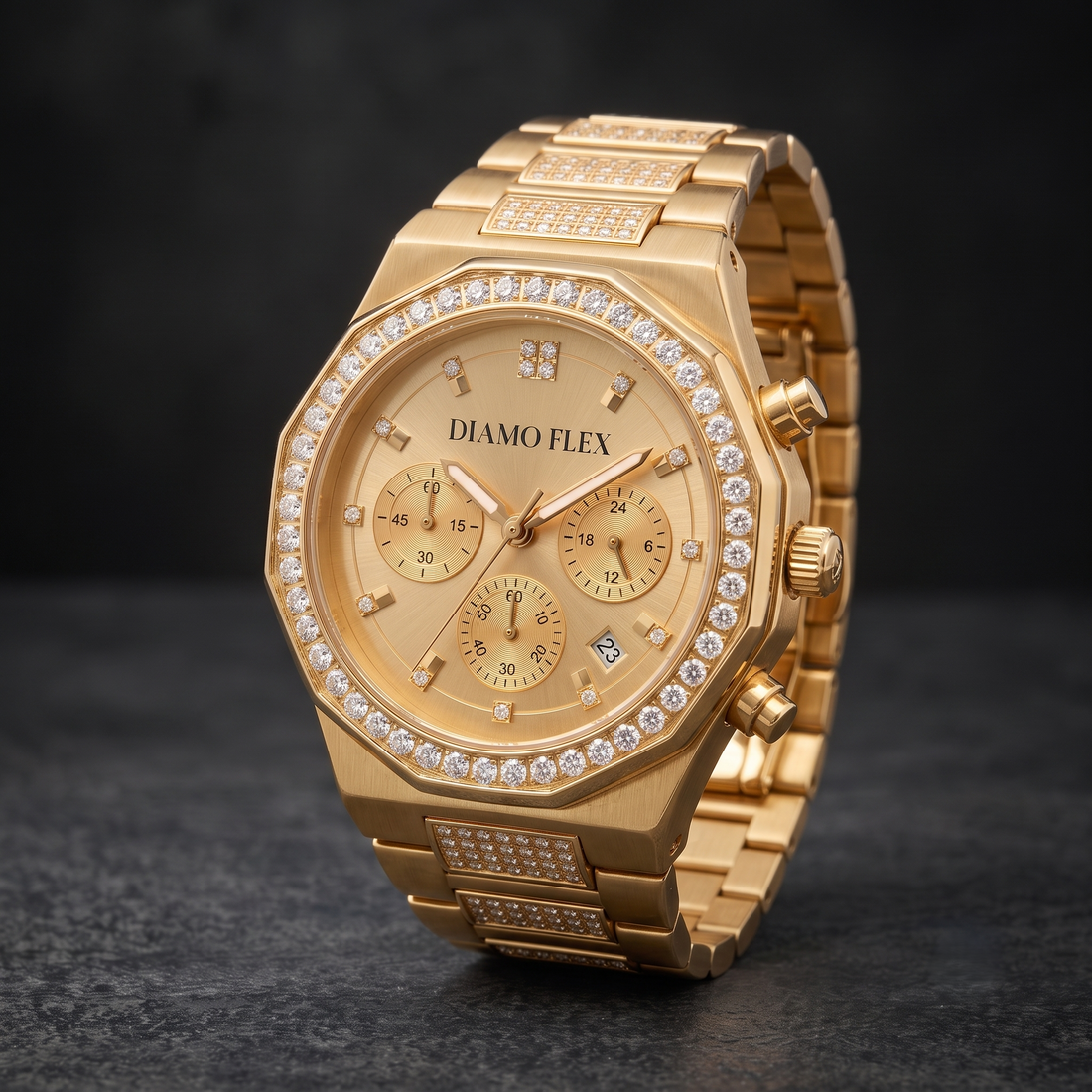 DIAMO FLEX Luxury Chronograph Watch | Gold & Silver Stainless Steel | Round Brilliant Cubic Zirconia Bezel