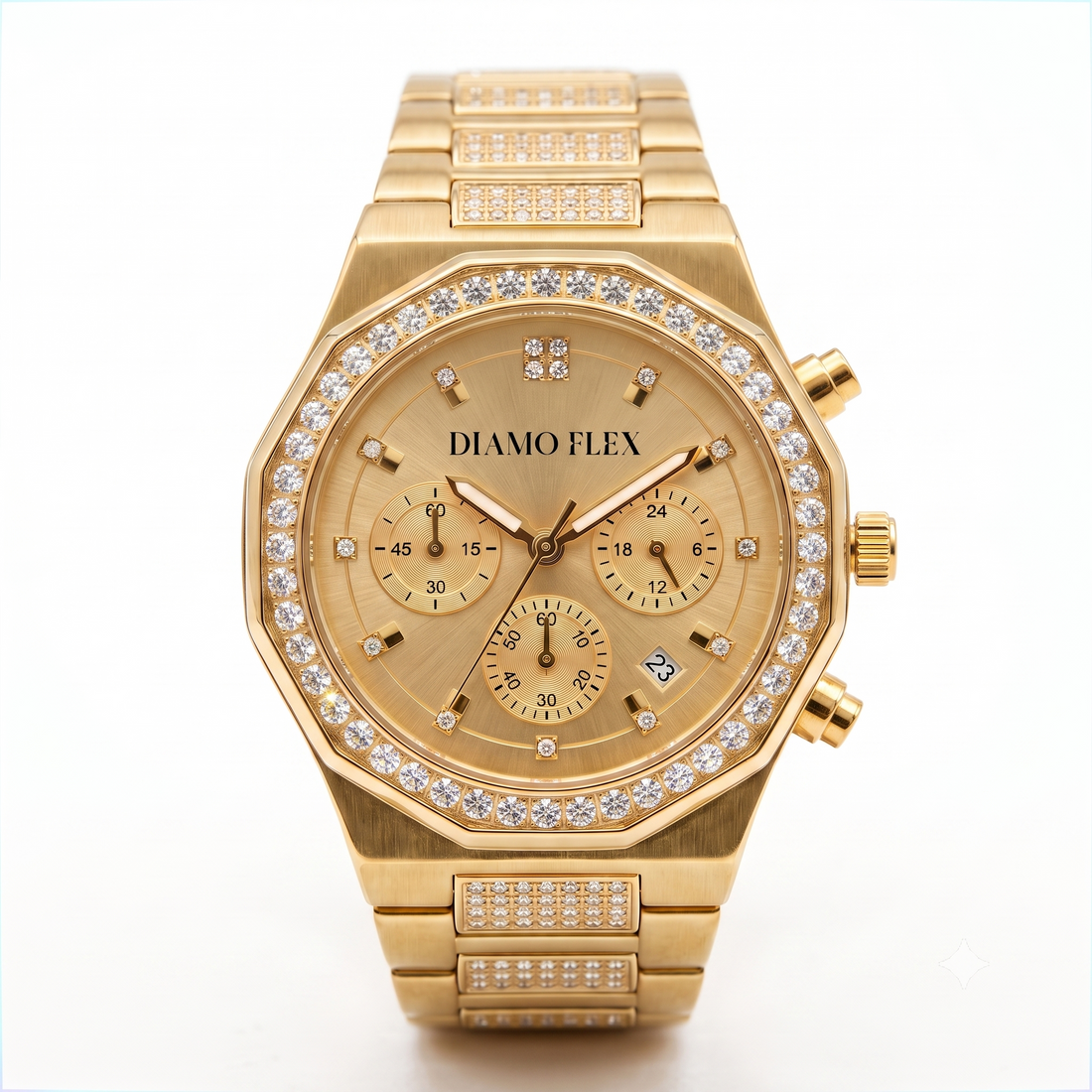 DIAMO FLEX Luxury Chronograph Watch | Gold & Silver Stainless Steel | Round Brilliant Cubic Zirconia Bezel
