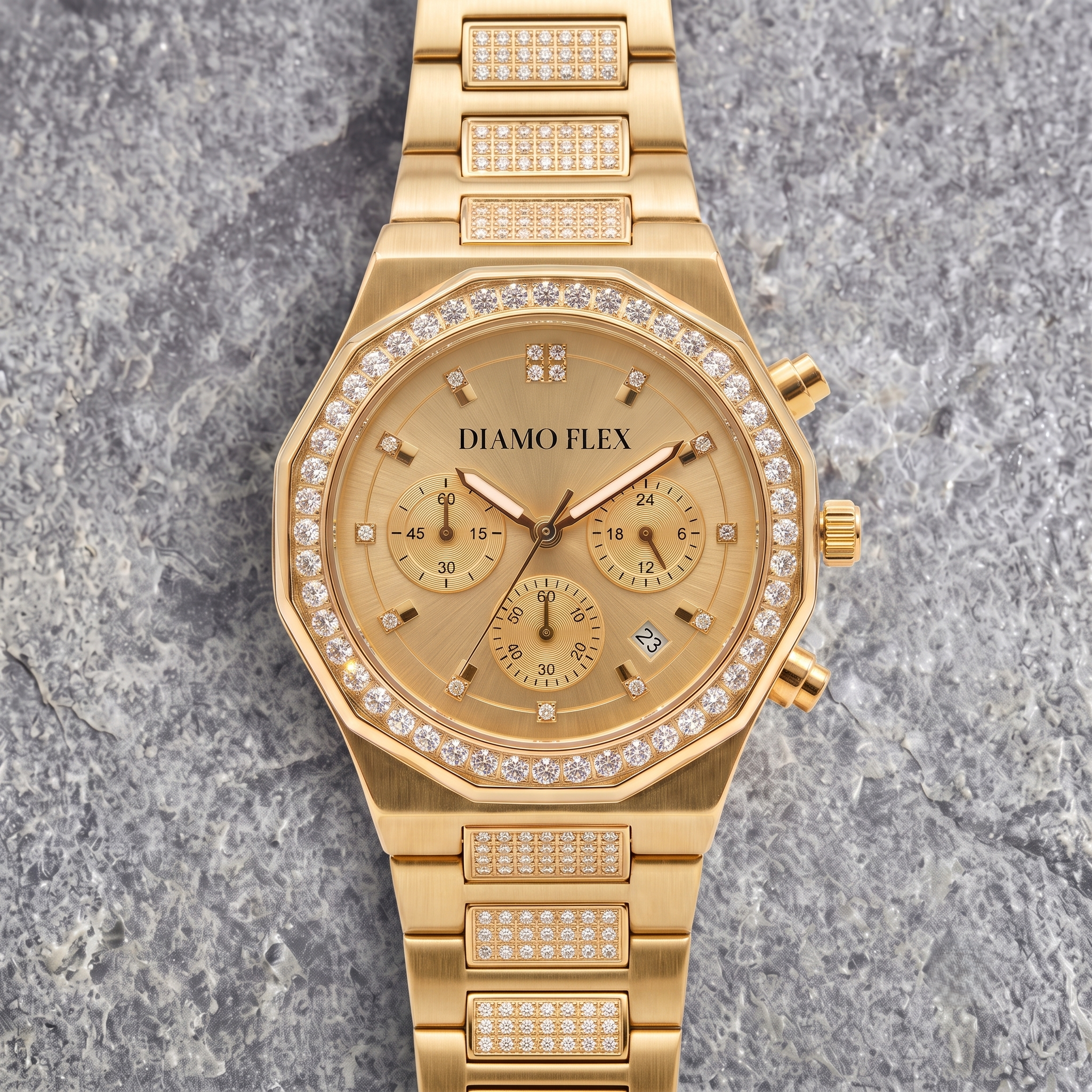 DIAMO FLEX Luxury Chronograph Watch | Gold & Silver Stainless Steel | Round Brilliant Cubic Zirconia Bezel