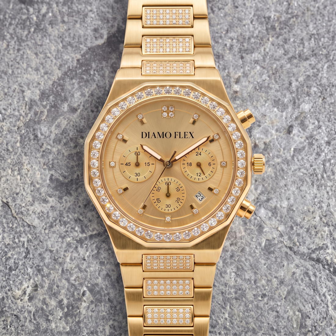 DIAMO FLEX Luxury Chronograph Watch | Gold & Silver Stainless Steel | Round Brilliant Cubic Zirconia Bezel