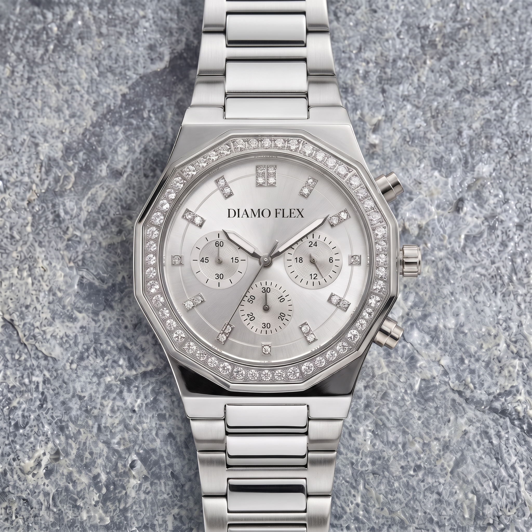 DIAMO FLEX Luxury Chronograph Watch | Gold & Silver Stainless Steel | Round Brilliant Cubic Zirconia Bezel