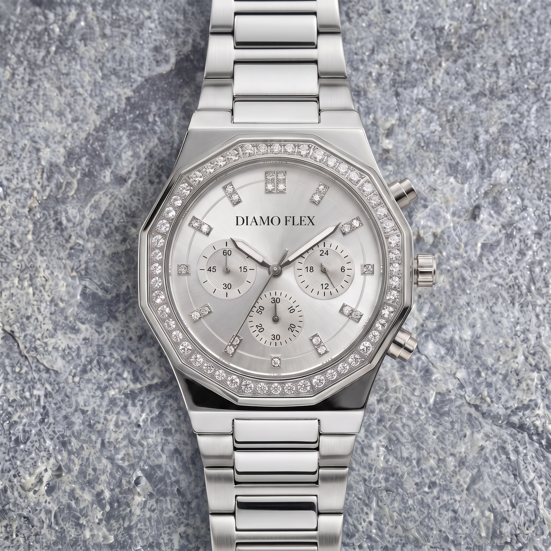 DIAMO FLEX Luxury Chronograph Watch | Gold & Silver Stainless Steel | Round Brilliant Cubic Zirconia Bezel