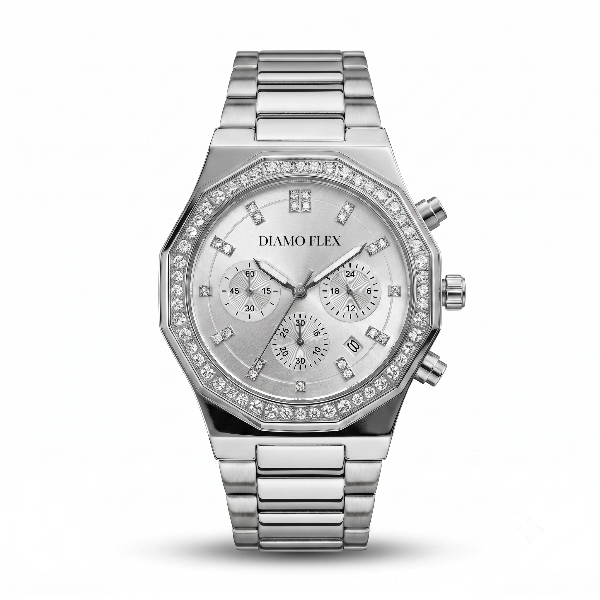 DIAMO FLEX Luxury Chronograph Watch | Gold & Silver Stainless Steel | Round Brilliant Cubic Zirconia Bezel
