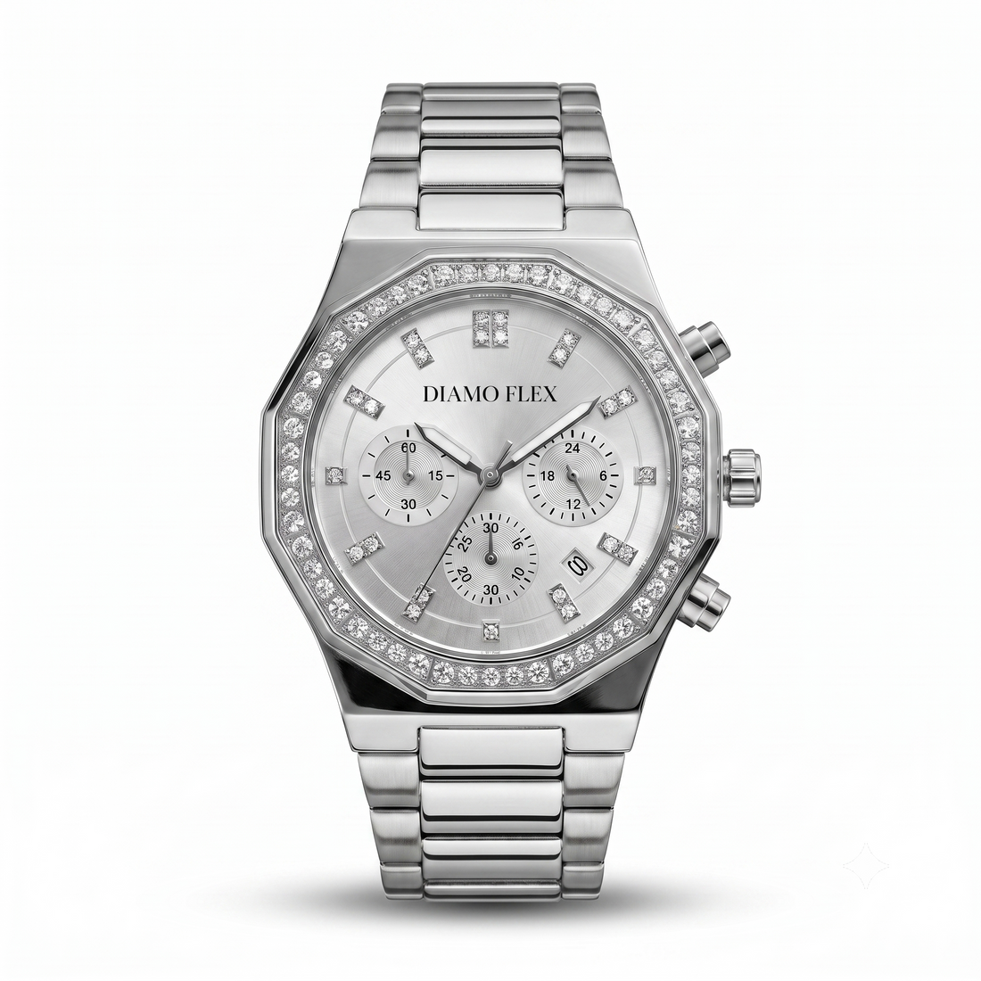 DIAMO FLEX Luxury Chronograph Watch | Gold & Silver Stainless Steel | Round Brilliant Cubic Zirconia Bezel