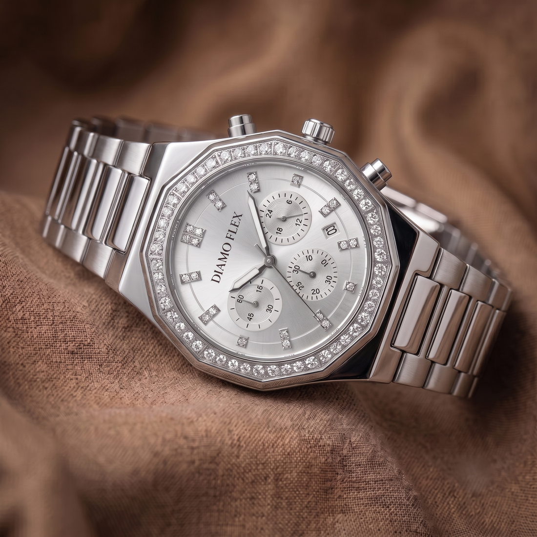 DIAMO FLEX Luxury Chronograph Watch | Gold & Silver Stainless Steel | Round Brilliant Cubic Zirconia Bezel
