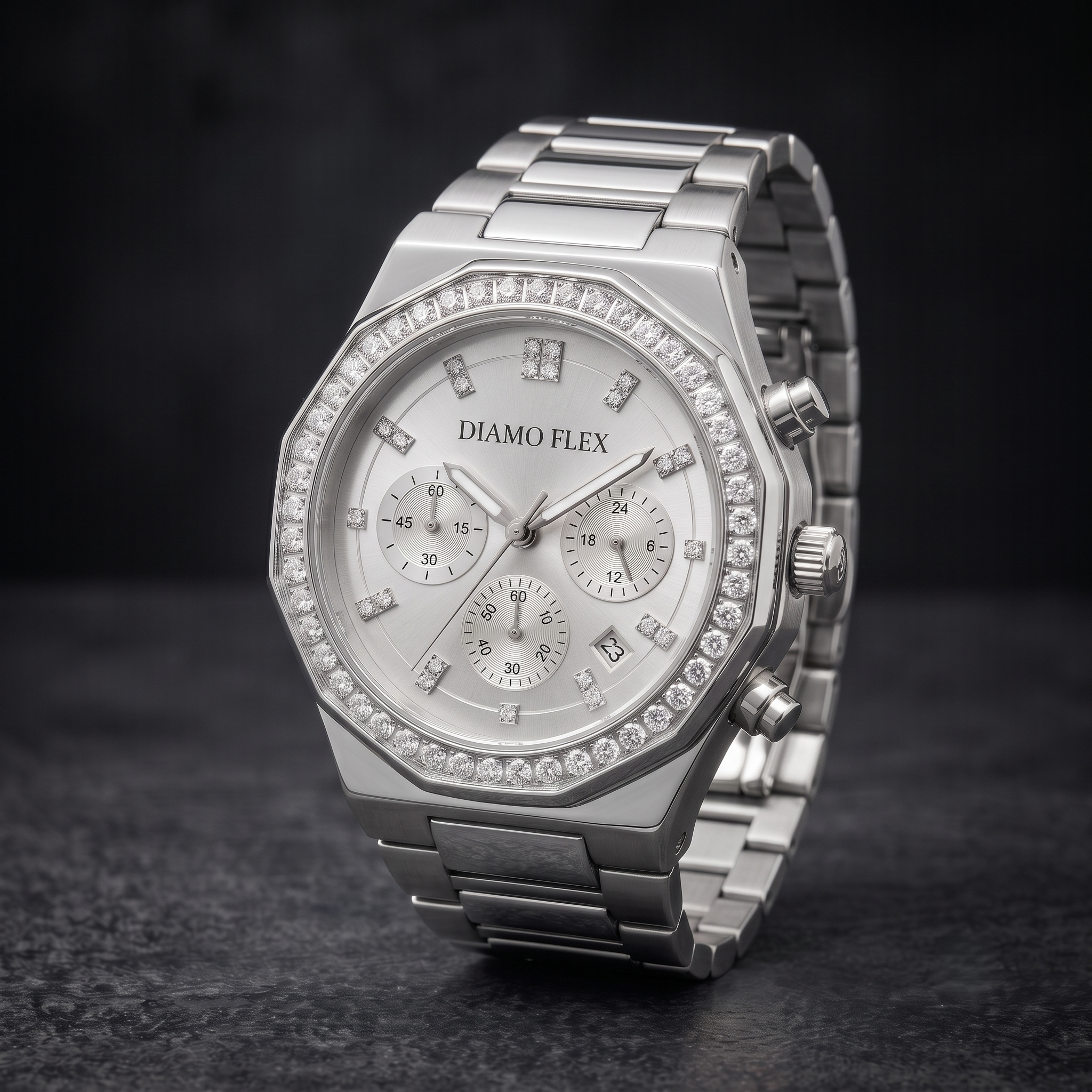 DIAMO FLEX Luxury Chronograph Watch | Gold & Silver Stainless Steel | Round Brilliant Cubic Zirconia Bezel