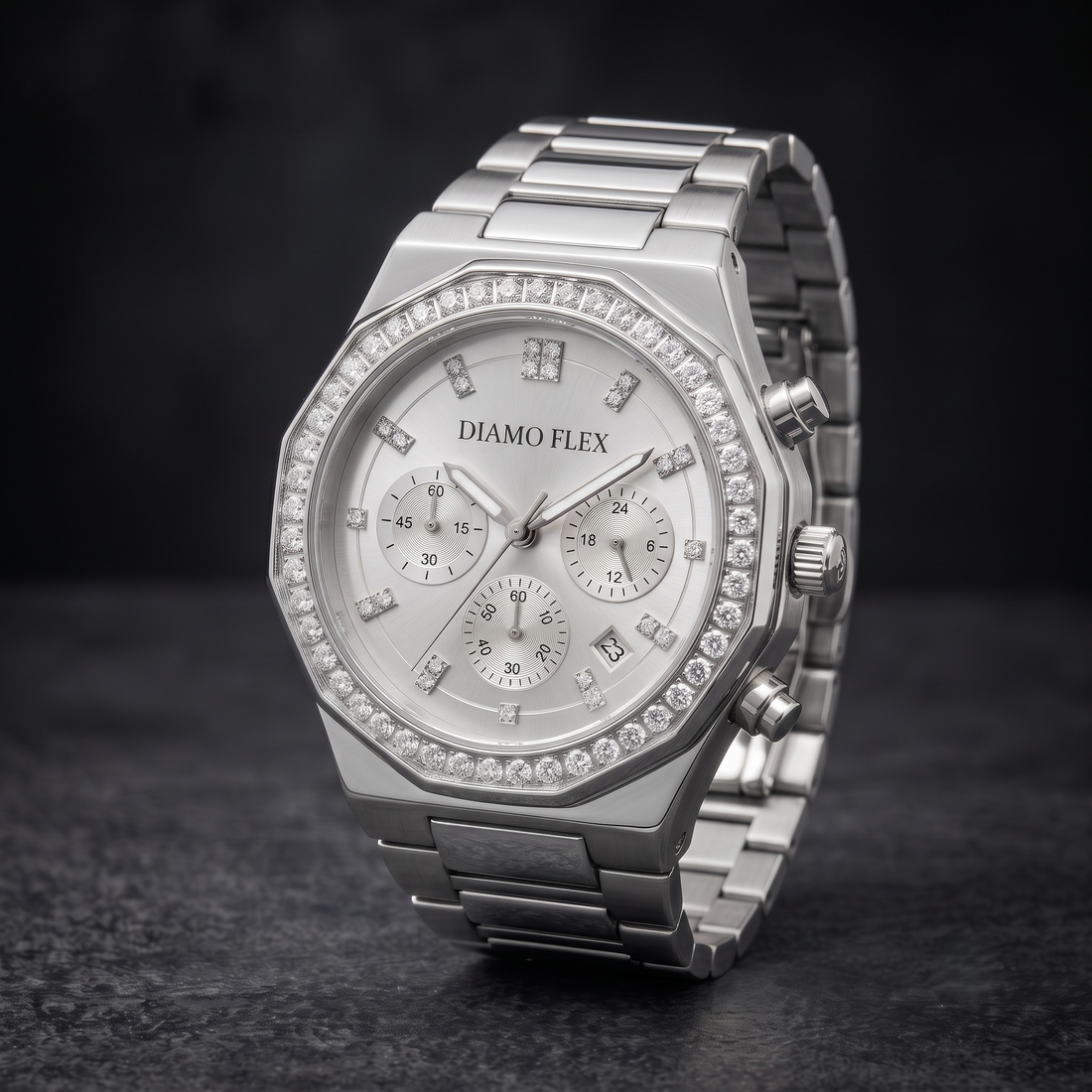 DIAMO FLEX Luxury Chronograph Watch | Gold & Silver Stainless Steel | Round Brilliant Cubic Zirconia Bezel