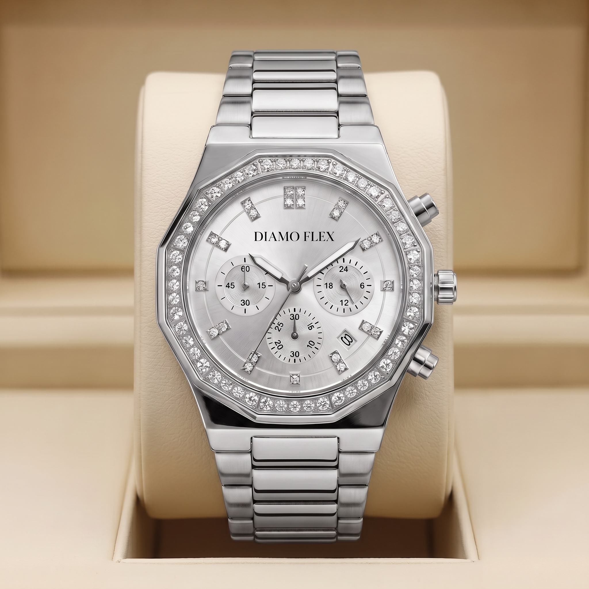 DIAMO FLEX Luxury Chronograph Watch | Gold & Silver Stainless Steel | Round Brilliant Cubic Zirconia Bezel