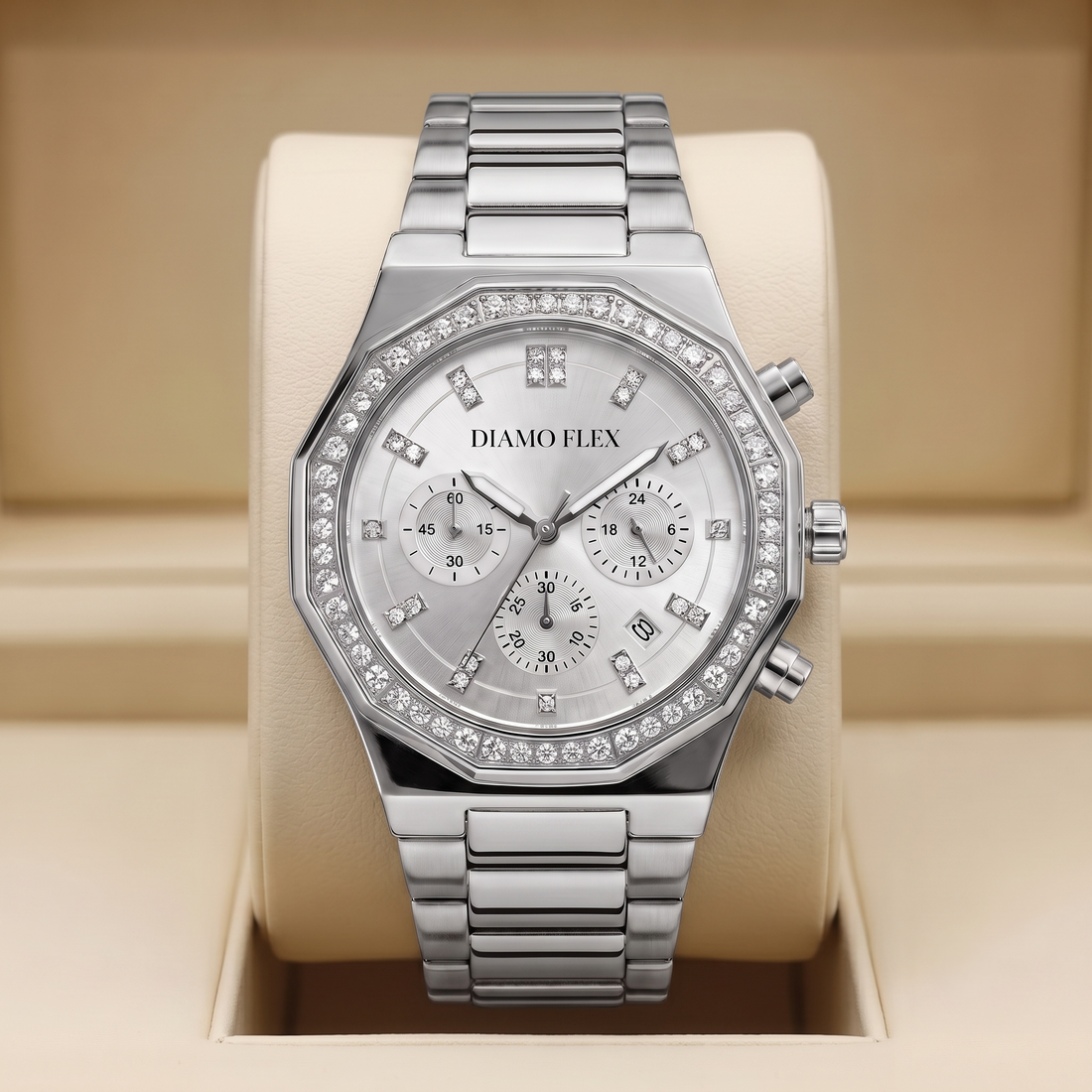 DIAMO FLEX Luxury Chronograph Watch | Gold & Silver Stainless Steel | Round Brilliant Cubic Zirconia Bezel