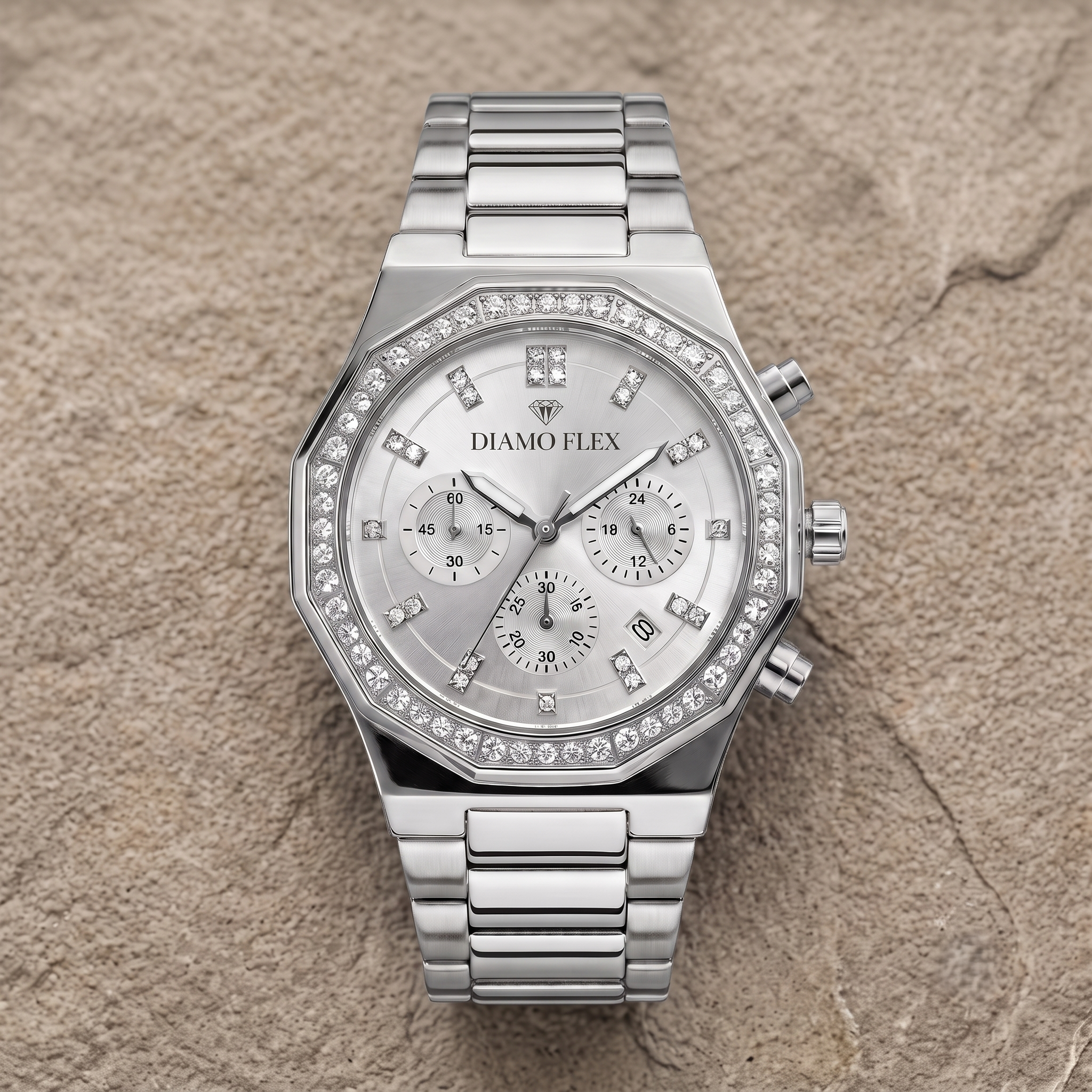 DIAMO FLEX Luxury Chronograph Watch | Gold & Silver Stainless Steel | Round Brilliant Cubic Zirconia Bezel
