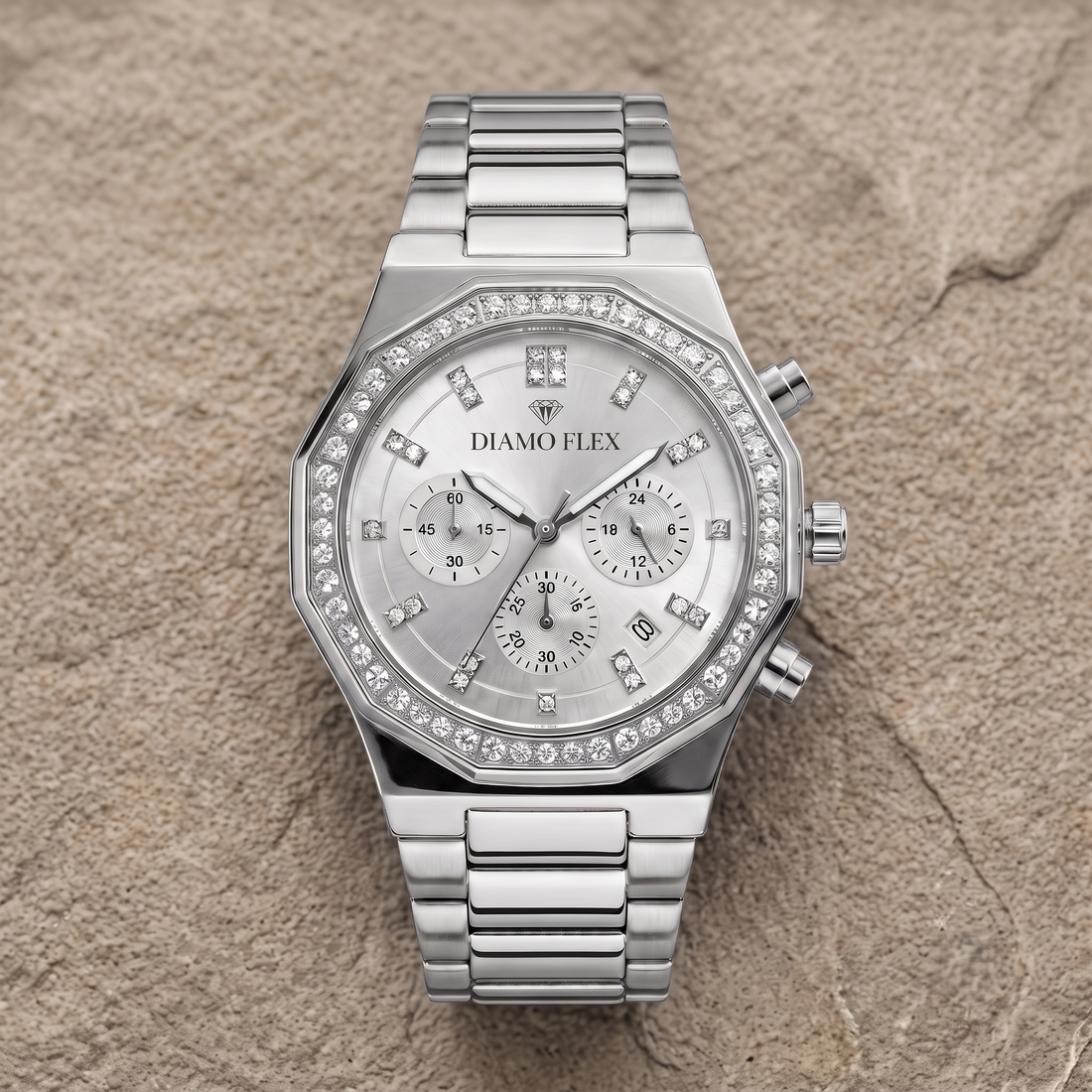 DIAMO FLEX Luxury Chronograph Watch | Gold & Silver Stainless Steel | Round Brilliant Cubic Zirconia Bezel