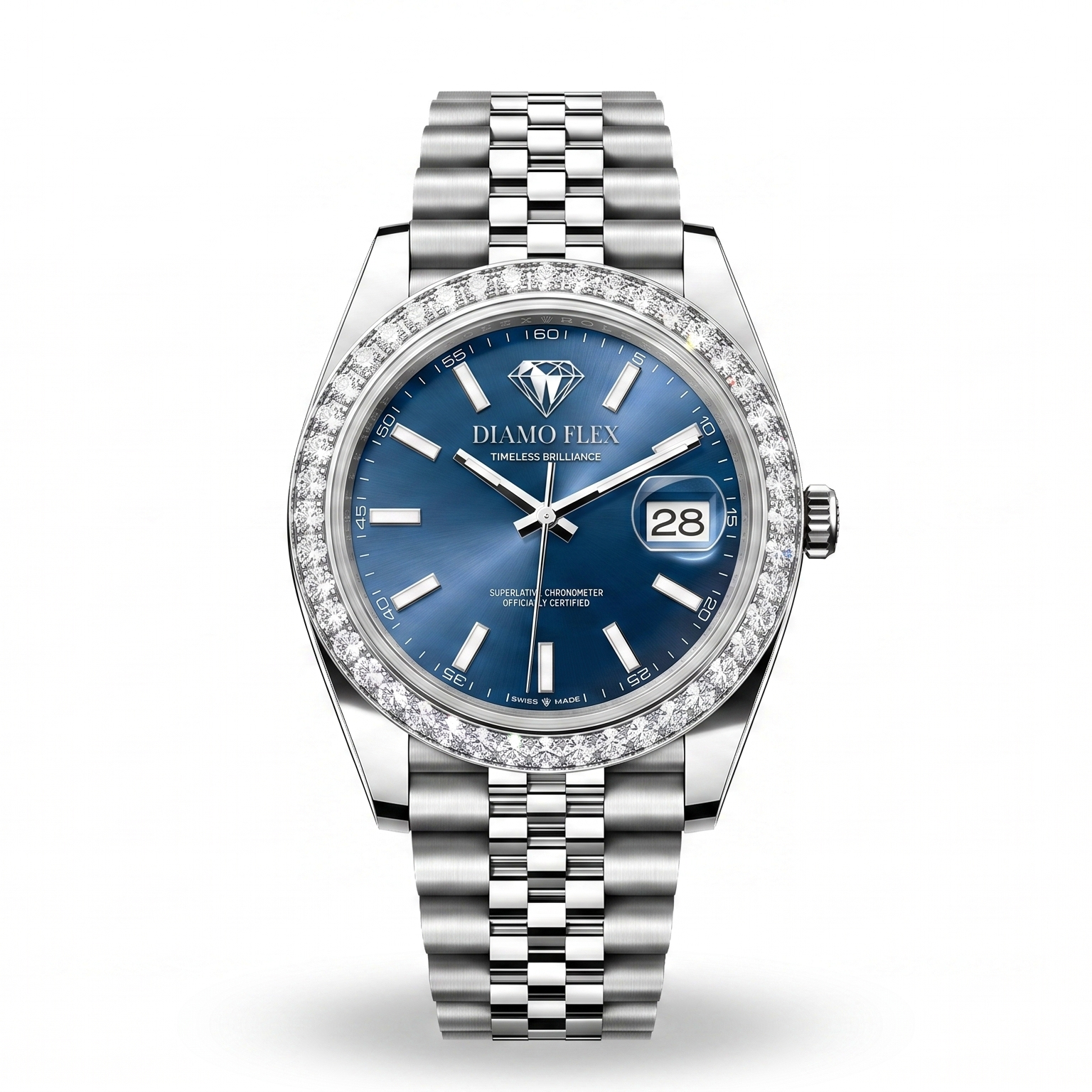 DIAMO FLEX Blue Dial Luxury Watch with Blue Round Brilliant Cubic Zirconia Bezel