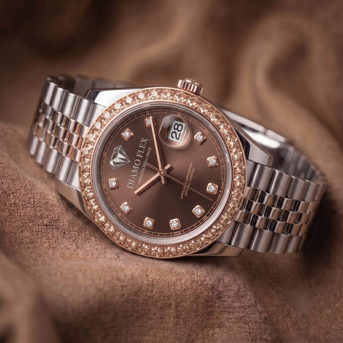 DIAMO FLEX Rose Gold Brown Dial CZ Luxury Watch | Premium Men's Watch