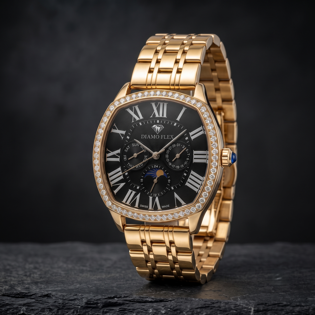 DIAMO FLEX Rose Gold Black Dial Luxury Watch with Round Brilliant Cubic Zirconia Bezel