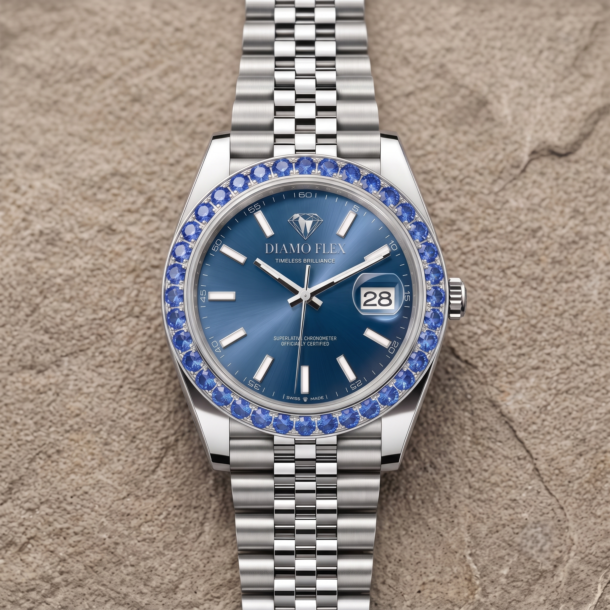 DIAMO FLEX Blue Dial Luxury Watch with Blue Round Brilliant Cubic Zirconia Bezel