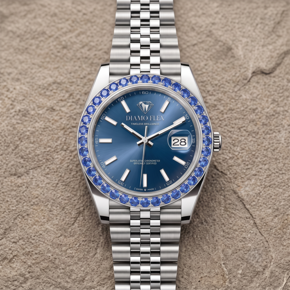DIAMO FLEX Blue Dial Luxury Watch with Blue Round Brilliant Cubic Zirconia Bezel