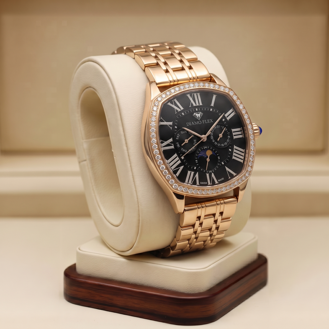 DIAMO FLEX Rose Gold Black Dial Luxury Watch with Round Brilliant Cubic Zirconia Bezel