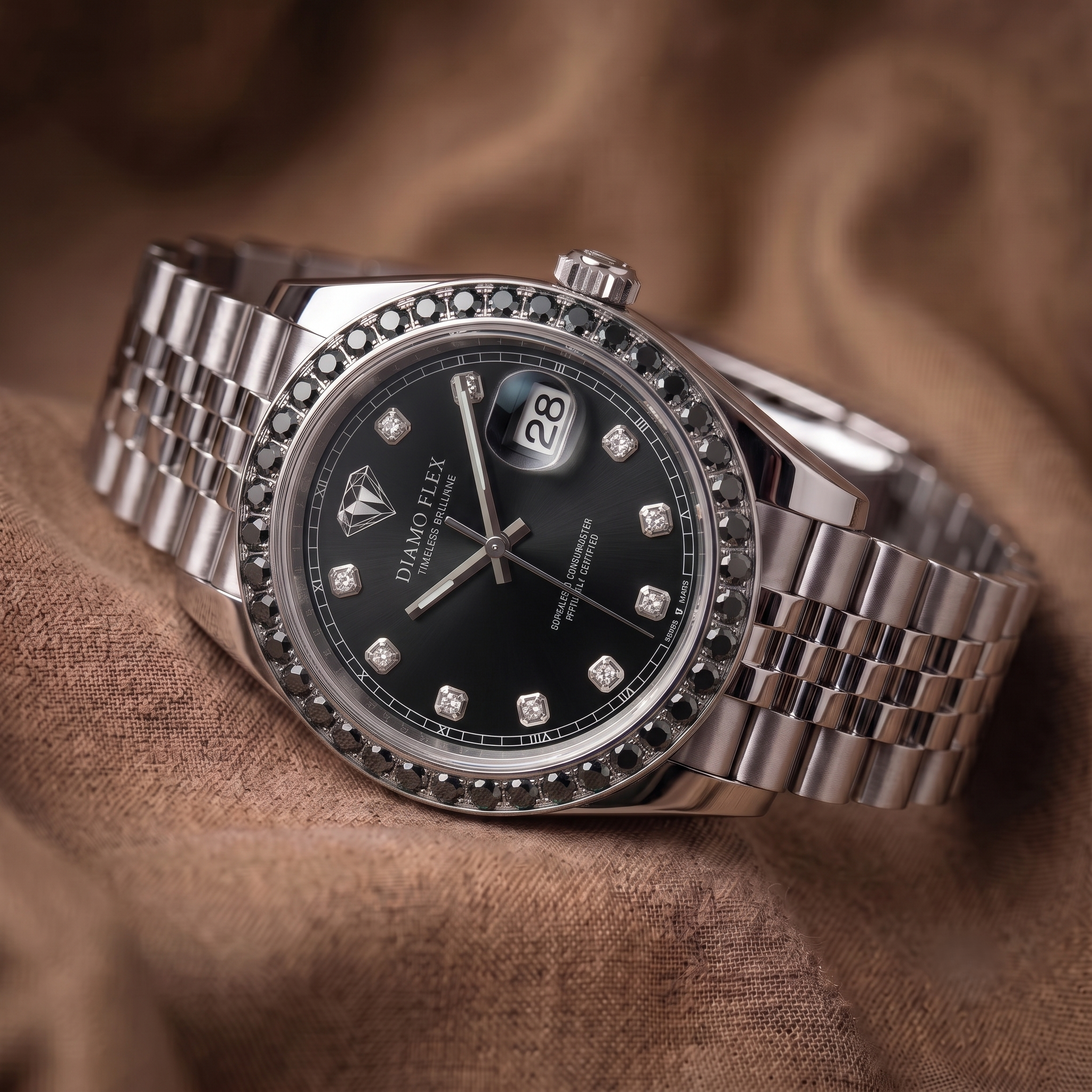 DIAMO FLEX Black Dial CZ Luxury Watch | Stainless Steel Men's Watch