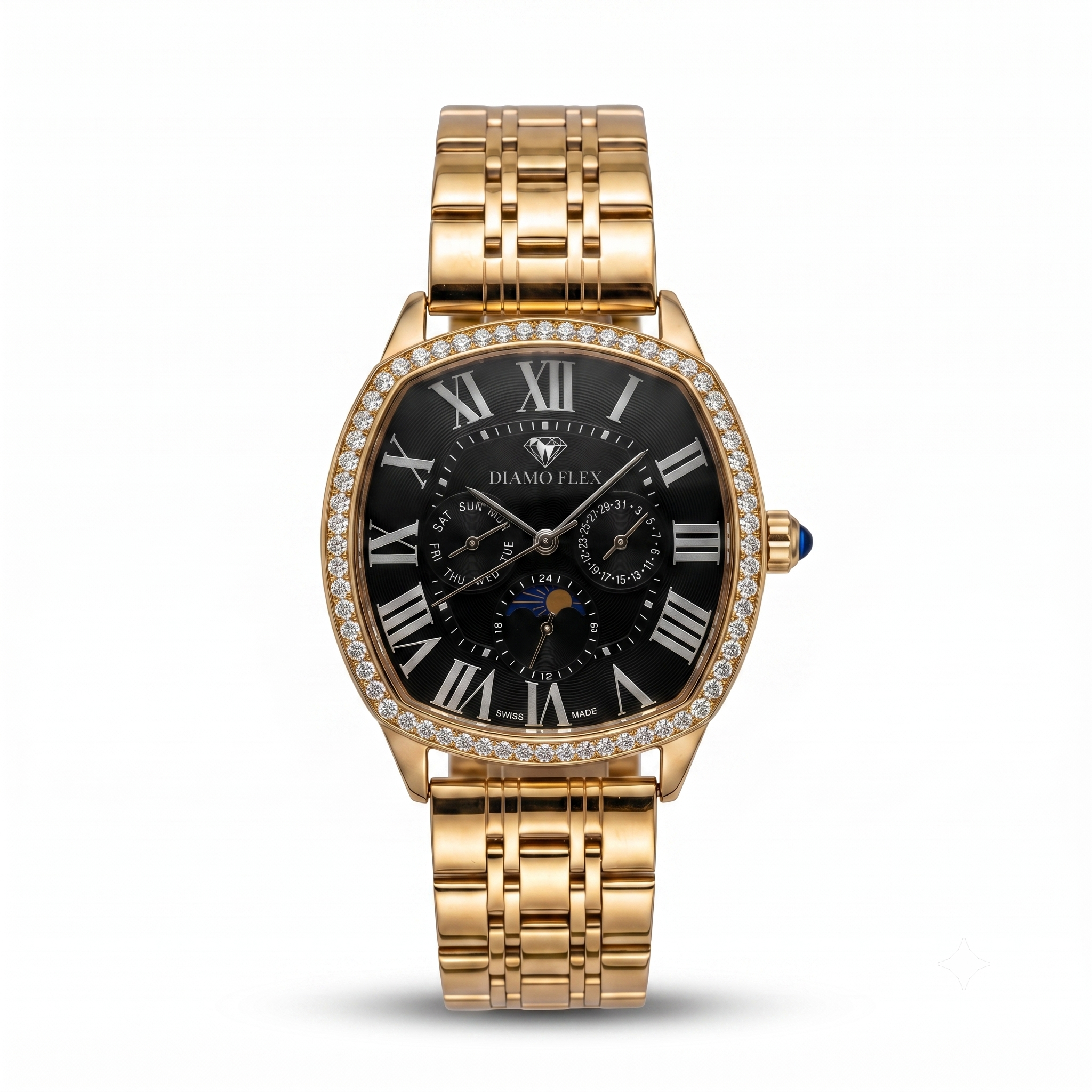 DIAMO FLEX Rose Gold Black Dial Luxury Watch with Round Brilliant Cubic Zirconia Bezel