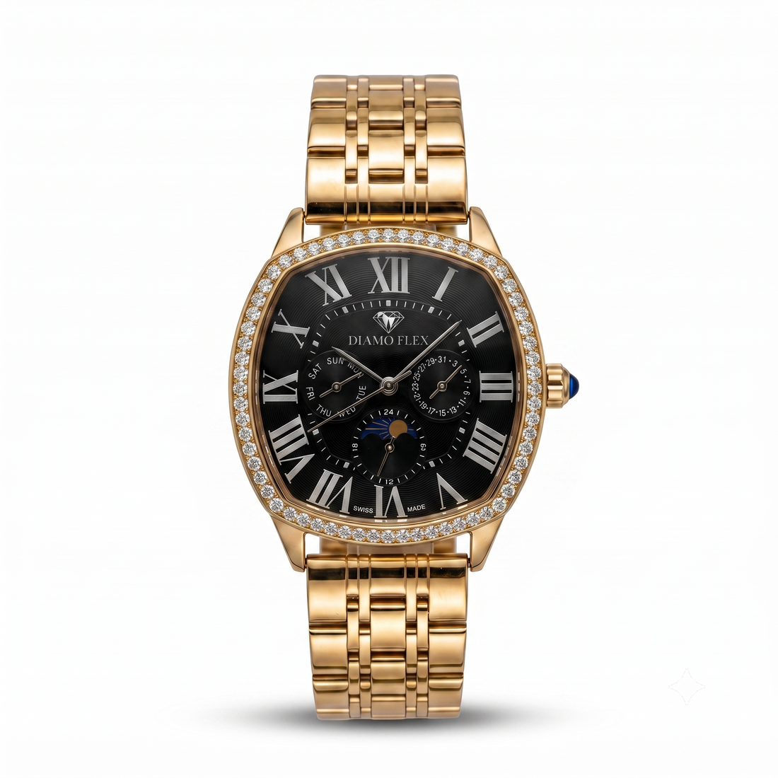 DIAMO FLEX Rose Gold Black Dial Luxury Watch with Round Brilliant Cubic Zirconia Bezel