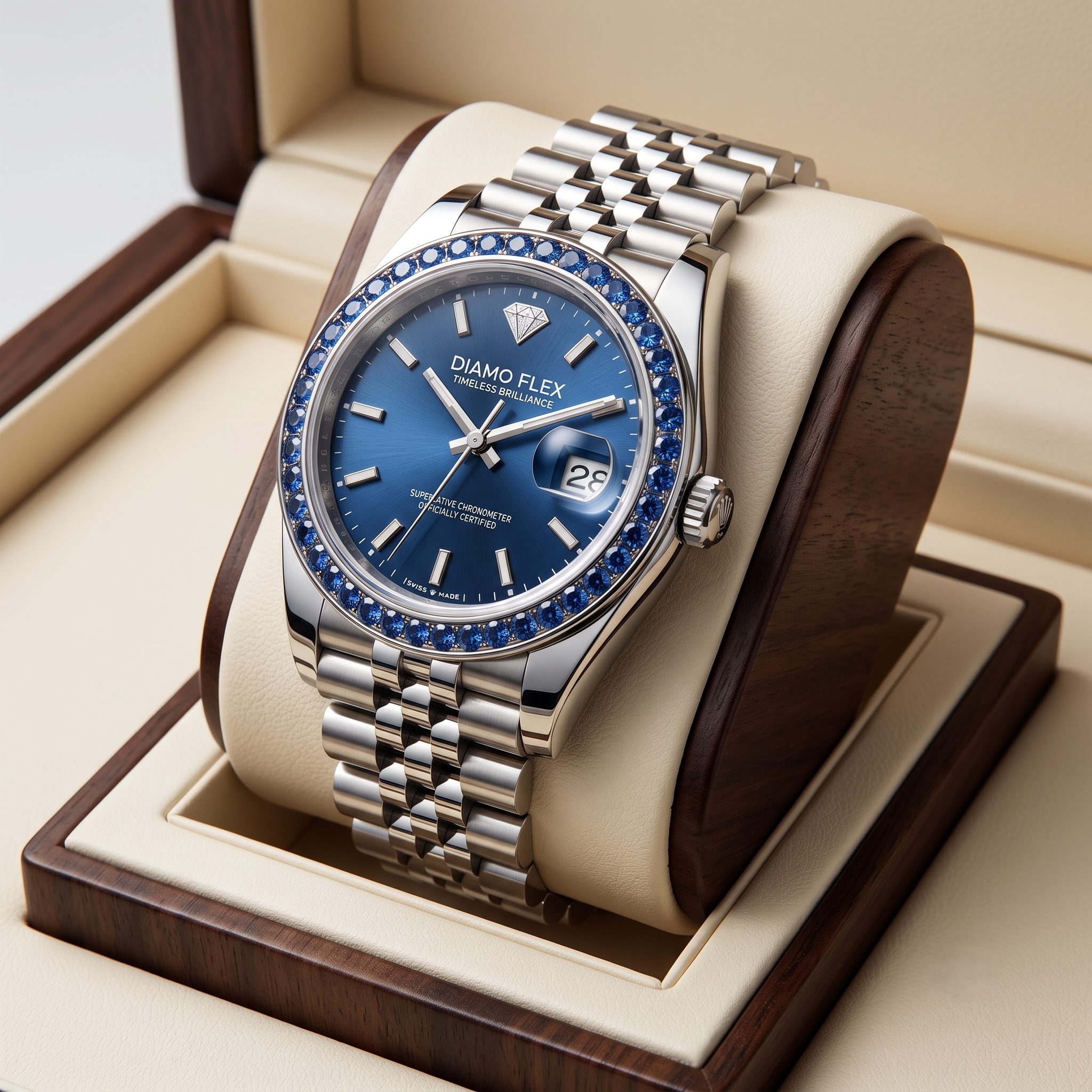 DIAMO FLEX Blue Dial Luxury Watch with Blue Round Brilliant Cubic Zirconia Bezel