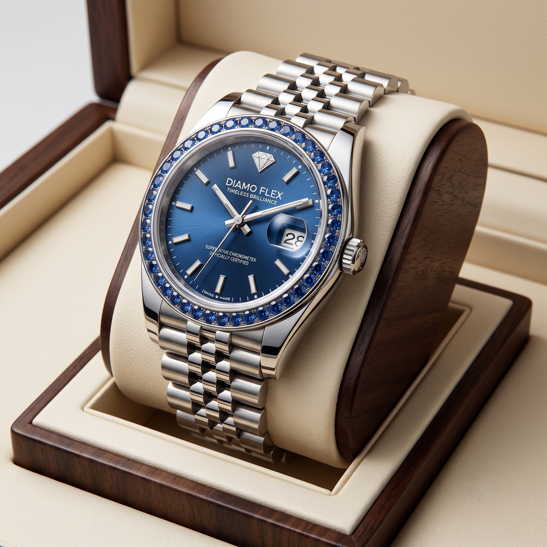 DIAMO FLEX Blue Dial Luxury Watch with Blue Round Brilliant Cubic Zirconia Bezel
