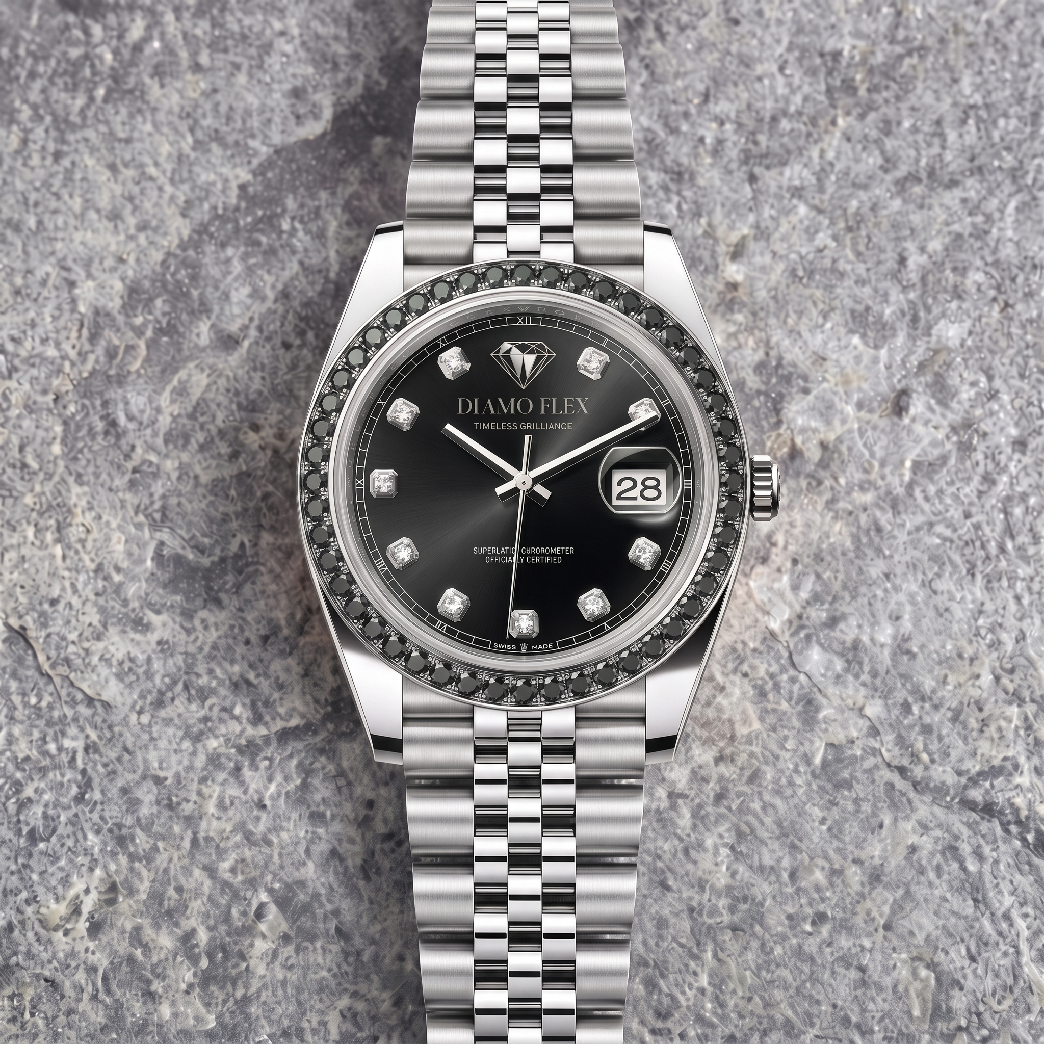 DIAMO FLEX Black Dial CZ Luxury Watch | Stainless Steel Men's Watch
