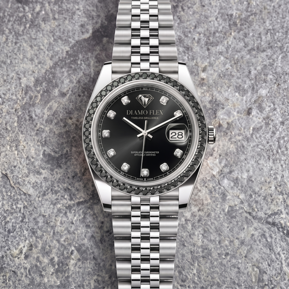 DIAMO FLEX Black Dial CZ Luxury Watch | Stainless Steel Men's Watch