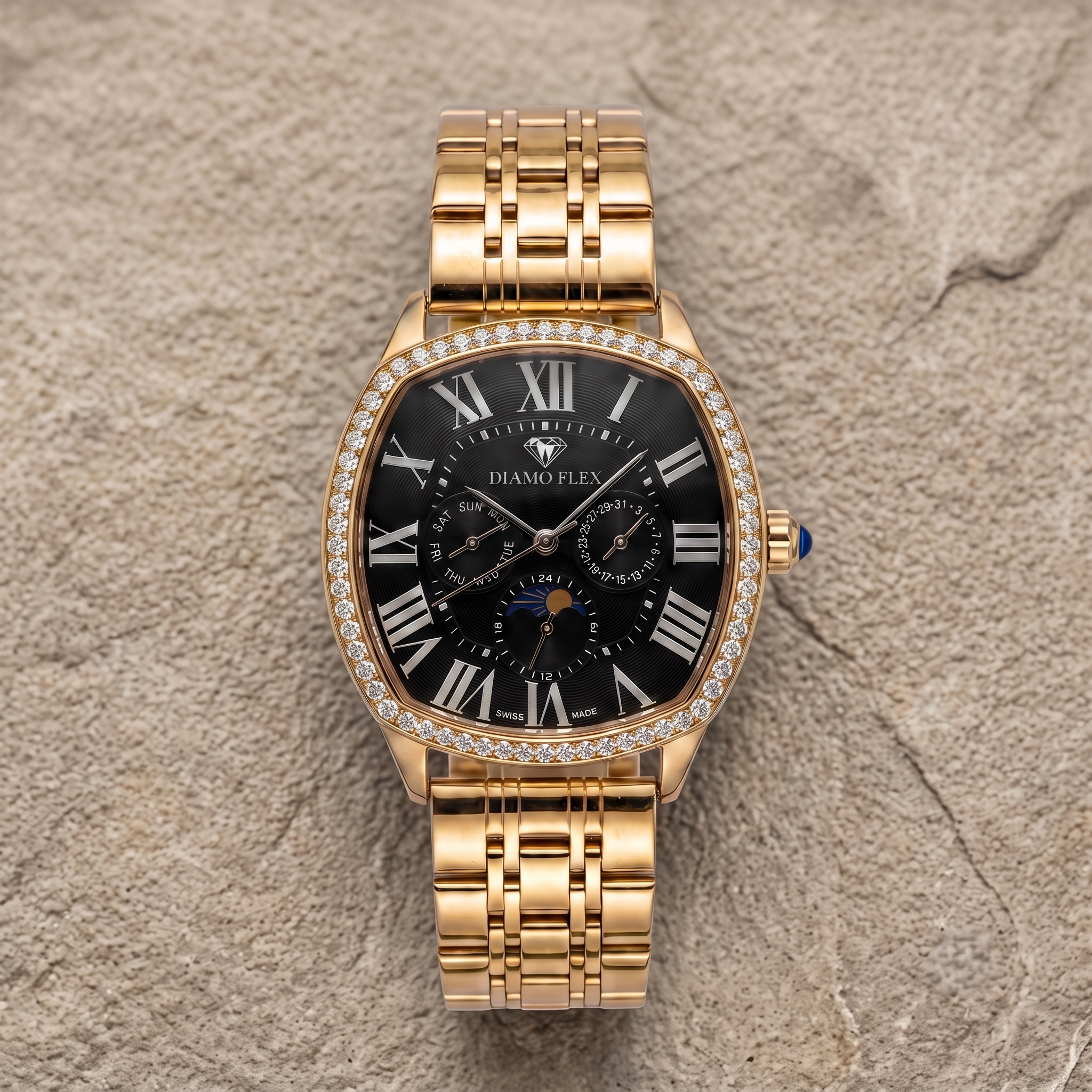 DIAMO FLEX Rose Gold Black Dial Luxury Watch with Round Brilliant Cubic Zirconia Bezel