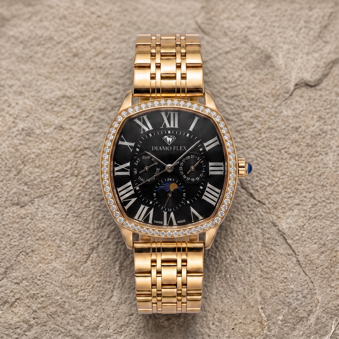DIAMO FLEX Rose Gold Black Dial Luxury Watch with Round Brilliant Cubic Zirconia Bezel