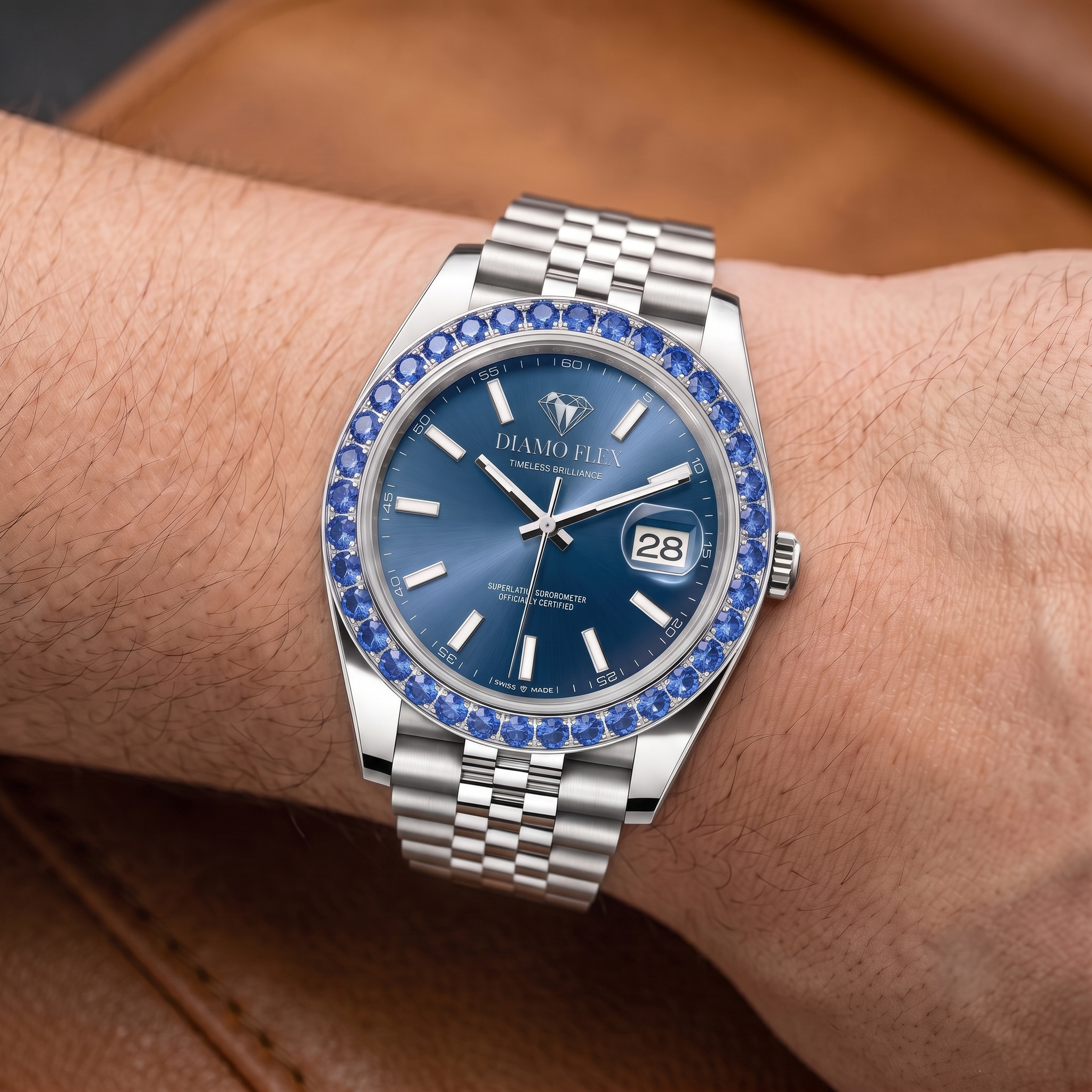 DIAMO FLEX Blue Dial Luxury Watch with Blue Round Brilliant Cubic Zirconia Bezel