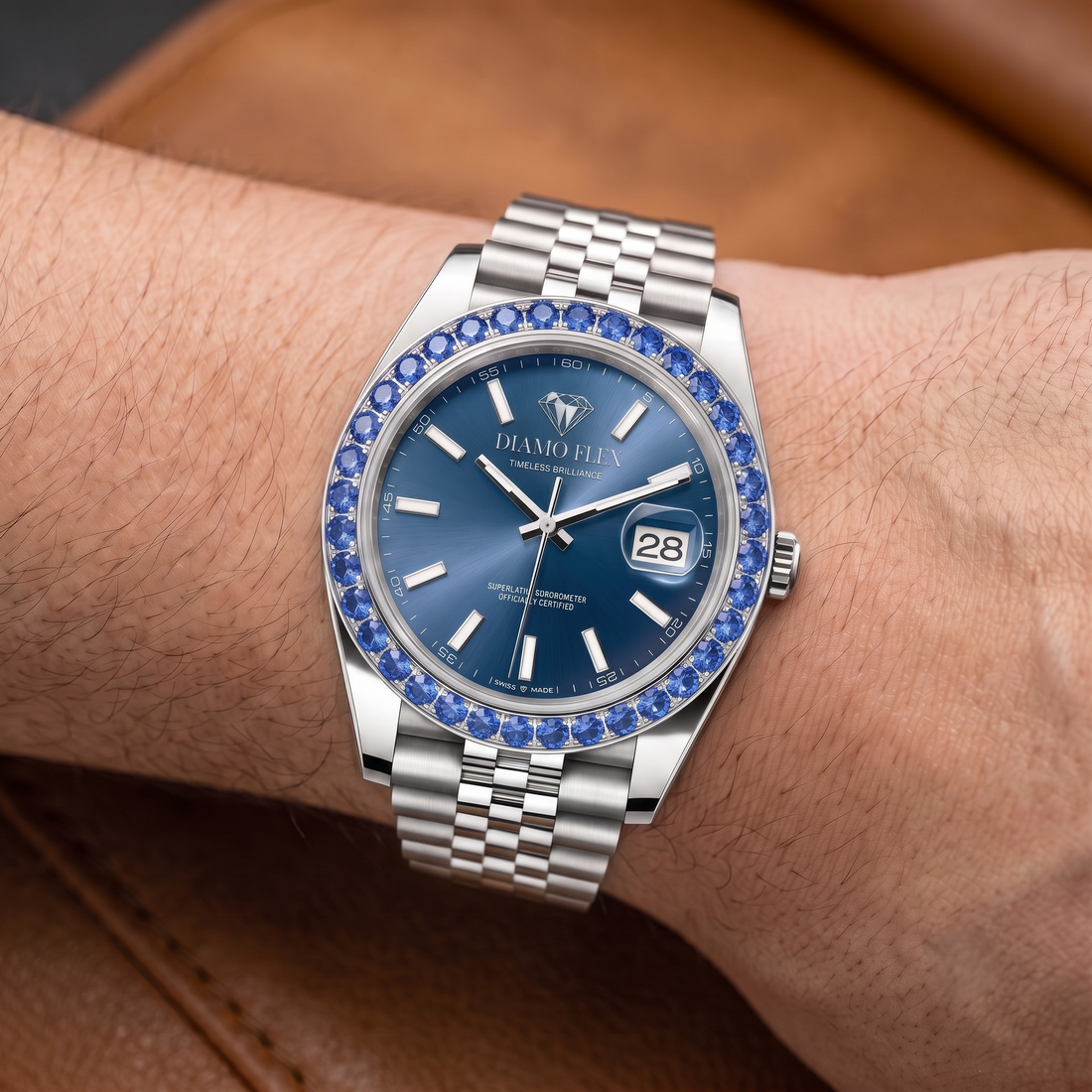 DIAMO FLEX Blue Dial Luxury Watch with Blue Round Brilliant Cubic Zirconia Bezel