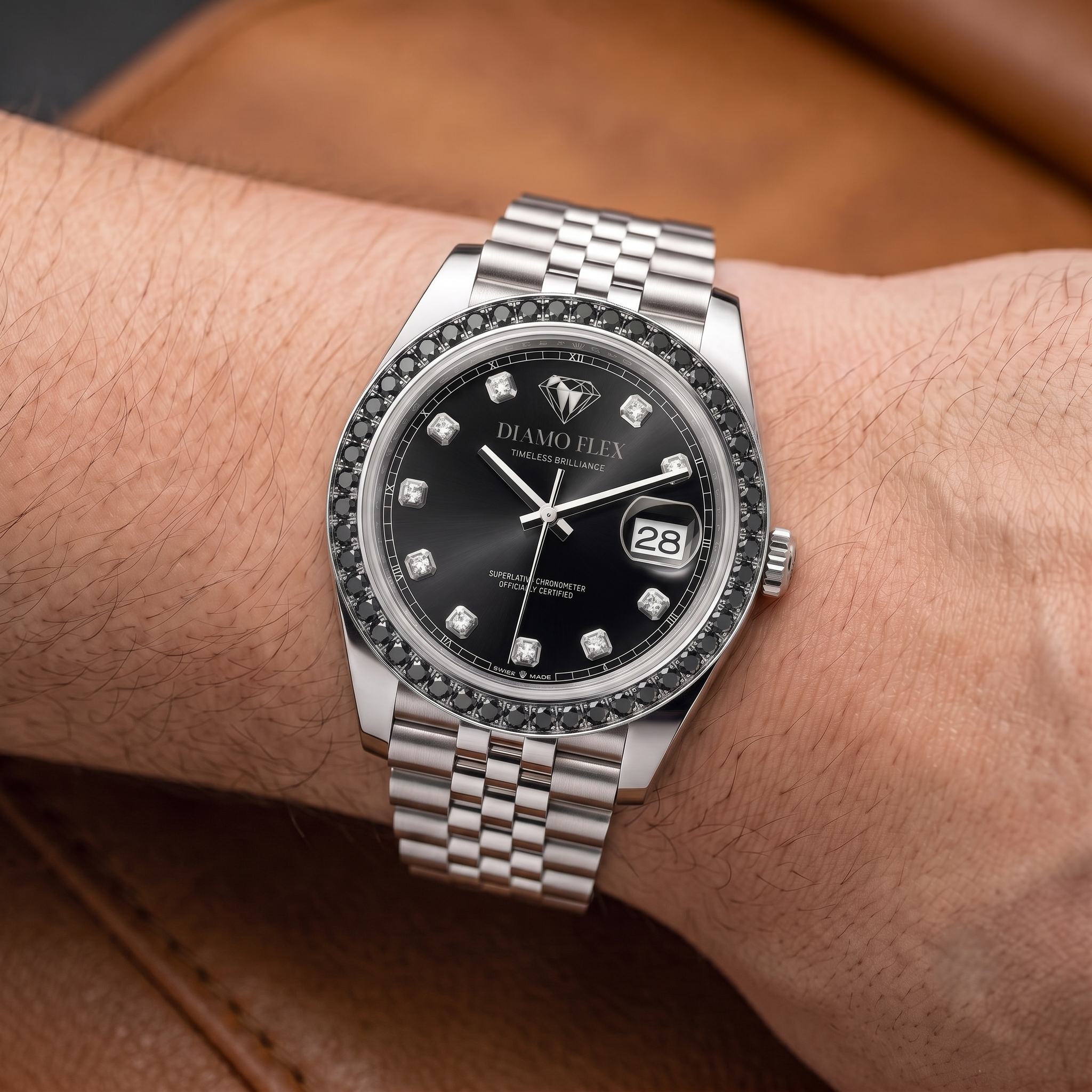 DIAMO FLEX Black Dial CZ Luxury Watch | Stainless Steel Men's Watch