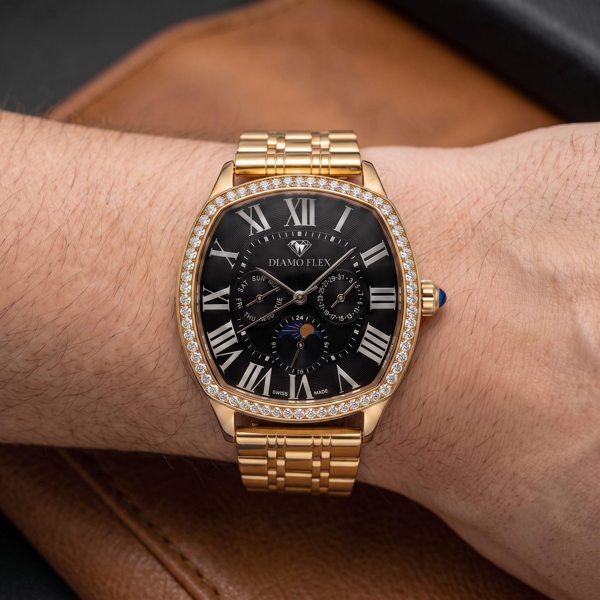 DIAMO FLEX Rose Gold Black Dial Luxury Watch with Round Brilliant Cubic Zirconia Bezel
