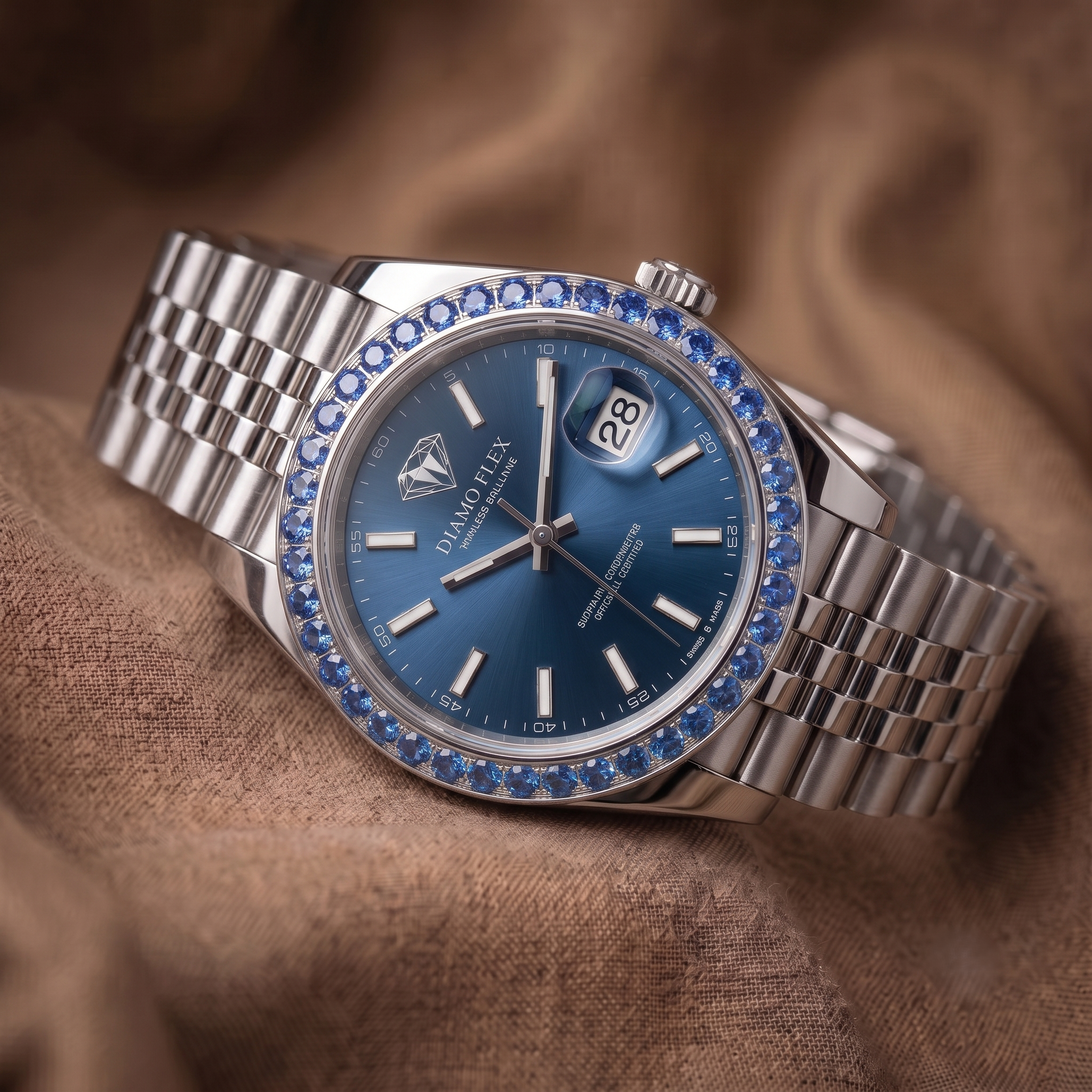 DIAMO FLEX Blue Dial Luxury Watch with Blue Round Brilliant Cubic Zirconia Bezel