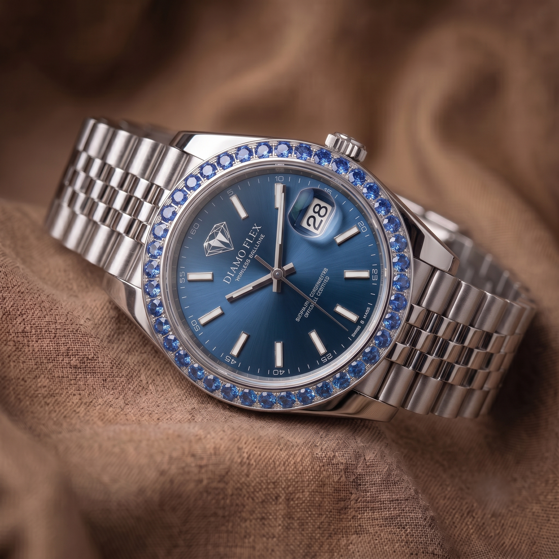 DIAMO FLEX Blue Dial Luxury Watch with Blue Round Brilliant Cubic Zirconia Bezel