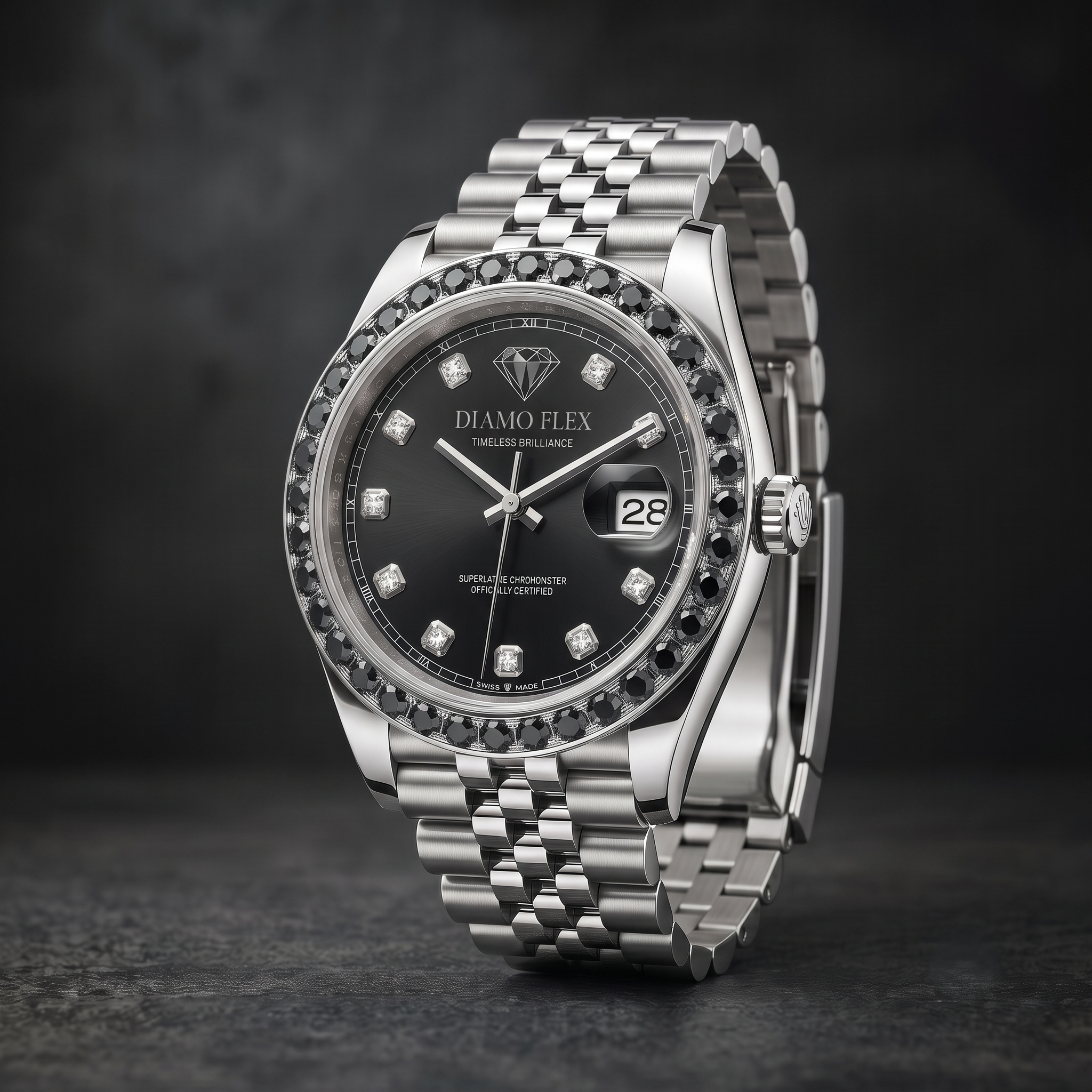 DIAMO FLEX Black Dial CZ Luxury Watch | Stainless Steel Men's Watch