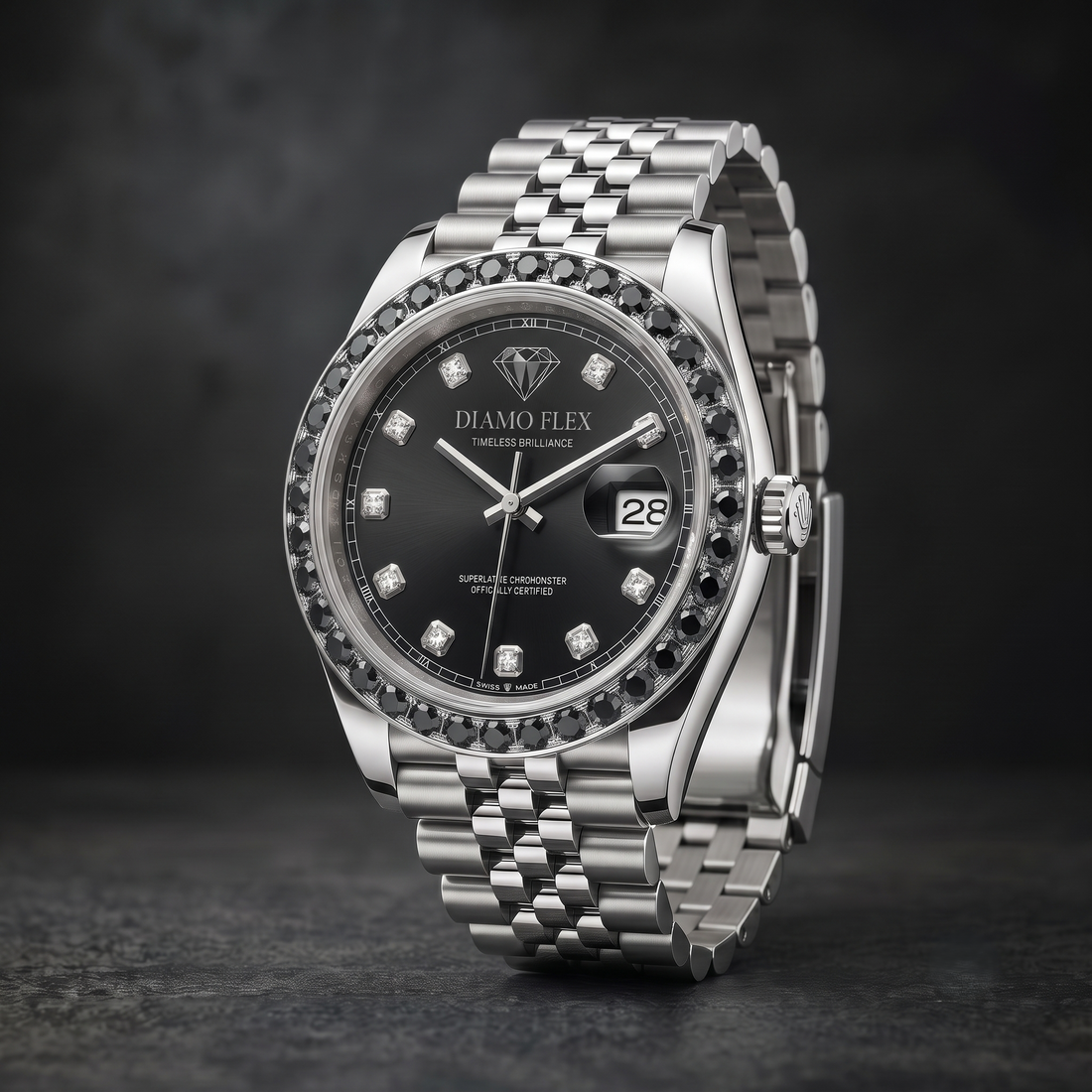 DIAMO FLEX Black Dial CZ Luxury Watch | Stainless Steel Men's Watch