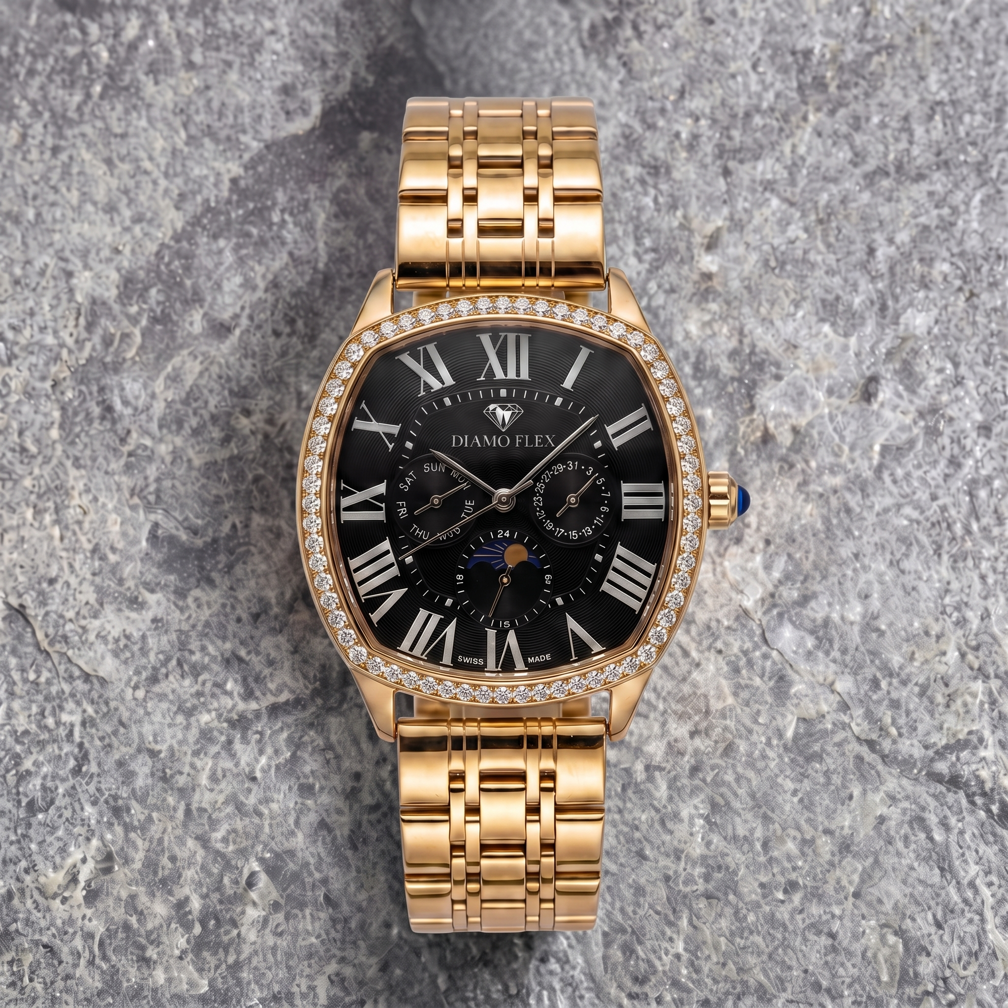 DIAMO FLEX Rose Gold Black Dial Luxury Watch with Round Brilliant Cubic Zirconia Bezel