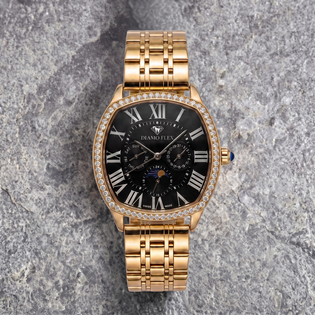 DIAMO FLEX Rose Gold Black Dial Luxury Watch with Round Brilliant Cubic Zirconia Bezel