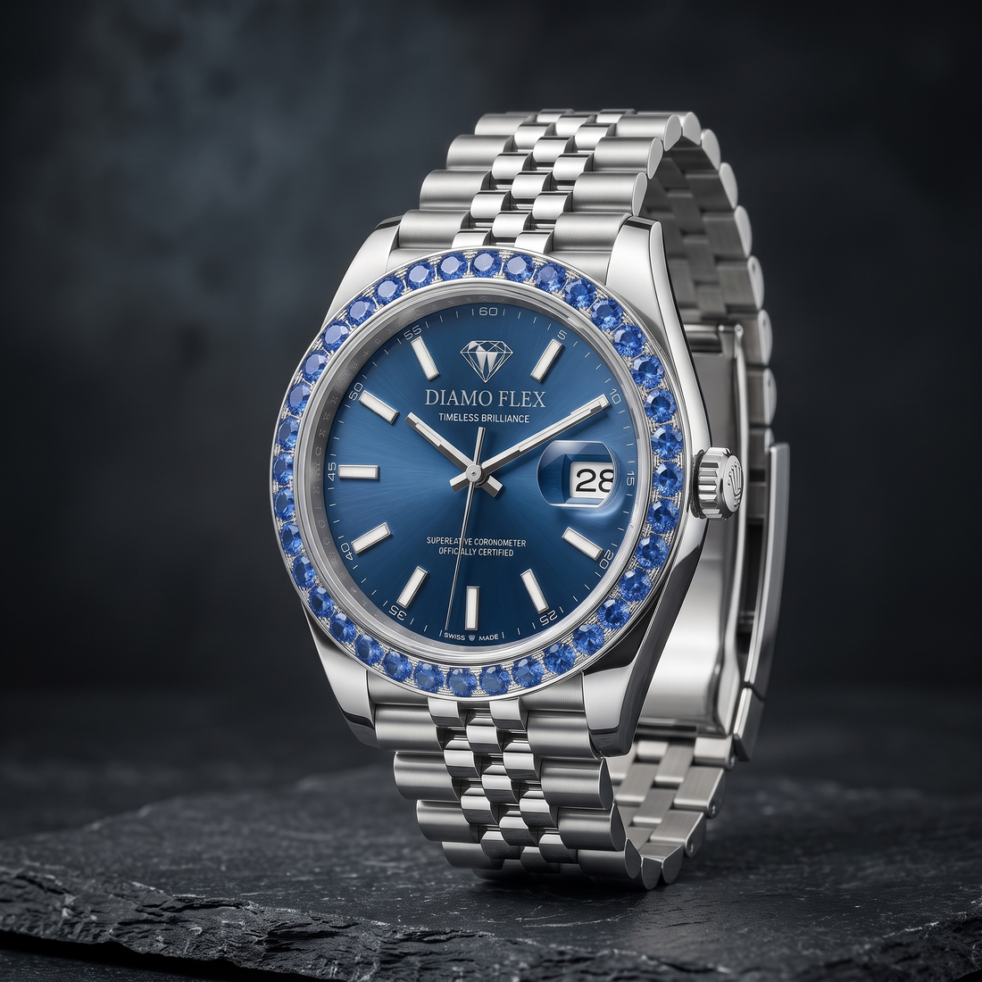 DIAMO FLEX Blue Dial Luxury Watch with Blue Round Brilliant Cubic Zirconia Bezel