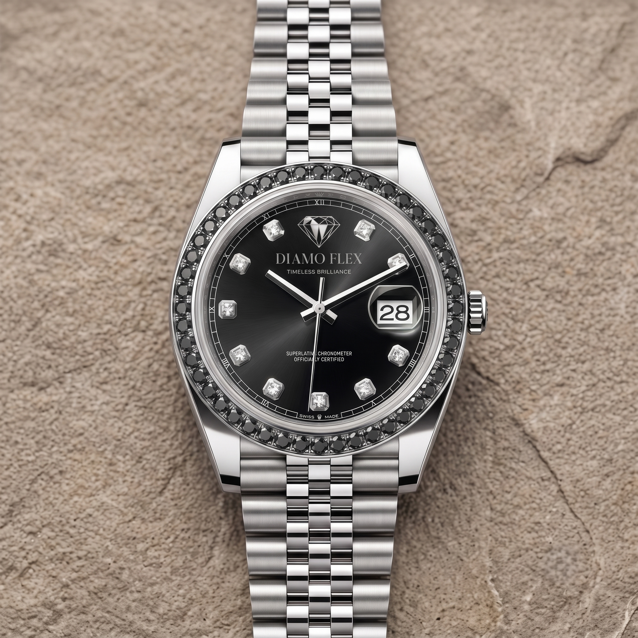 DIAMO FLEX Black Dial CZ Luxury Watch | Stainless Steel Men's Watch