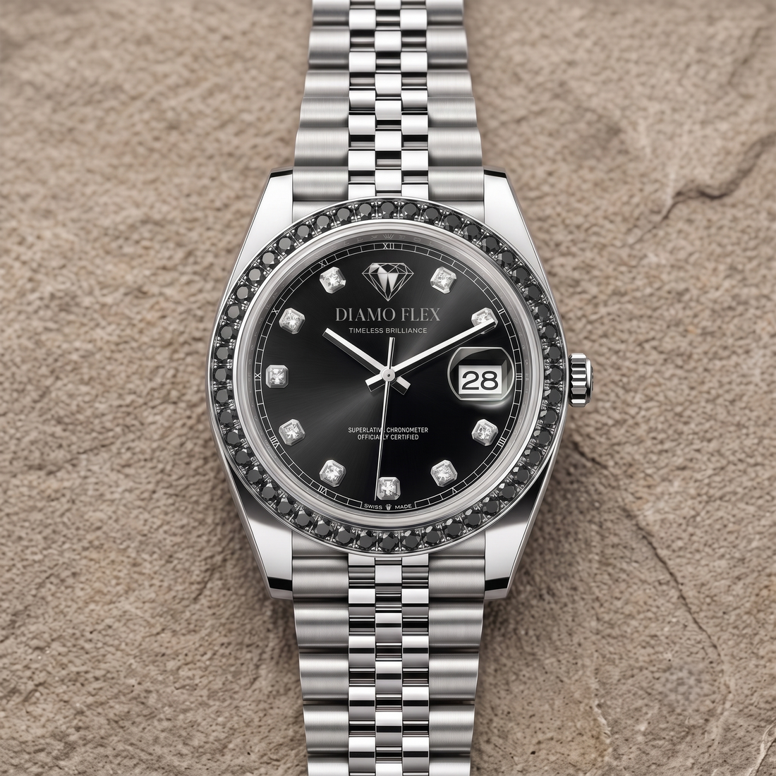 DIAMO FLEX Black Dial CZ Luxury Watch | Stainless Steel Men's Watch