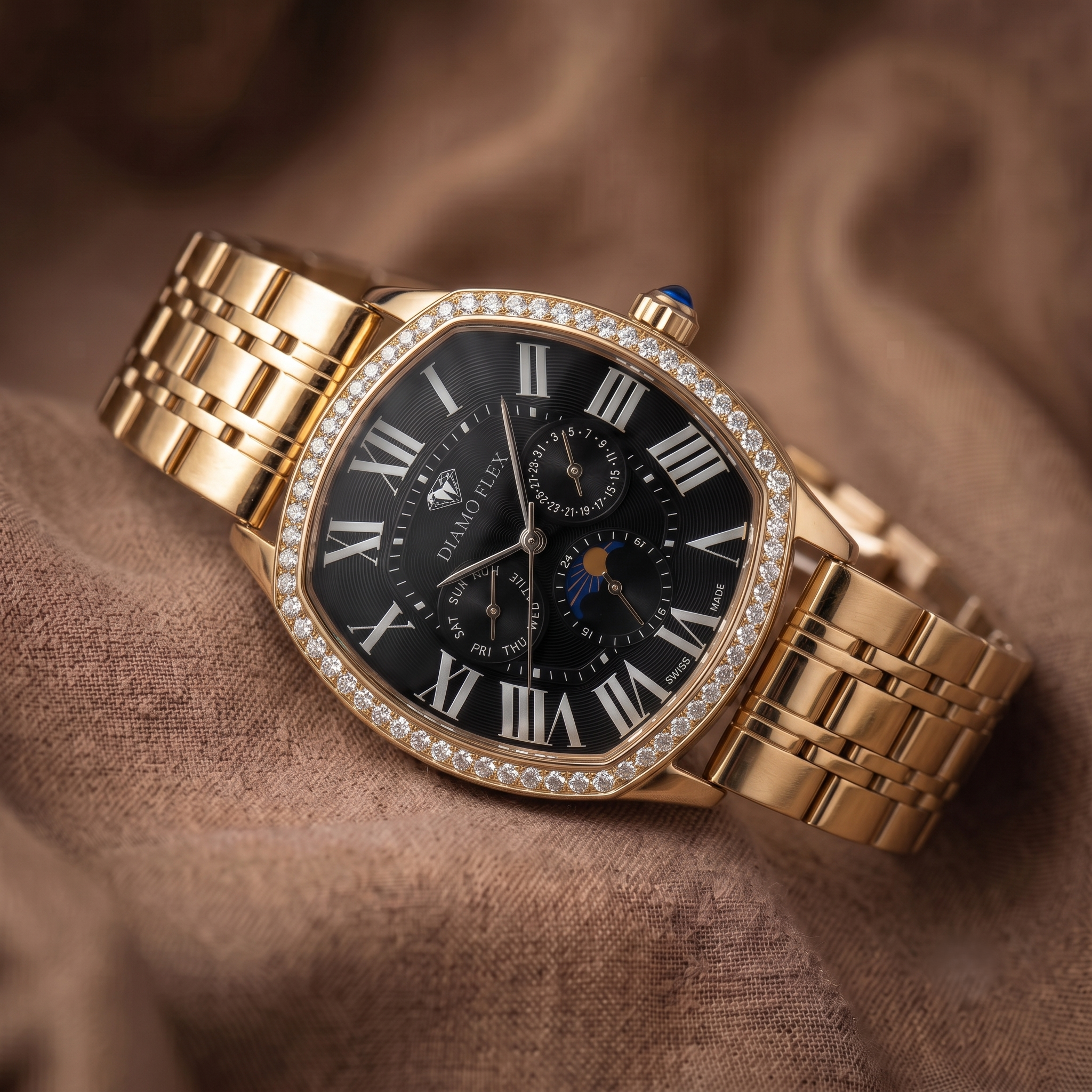 DIAMO FLEX Rose Gold Black Dial Luxury Watch with Round Brilliant Cubic Zirconia Bezel